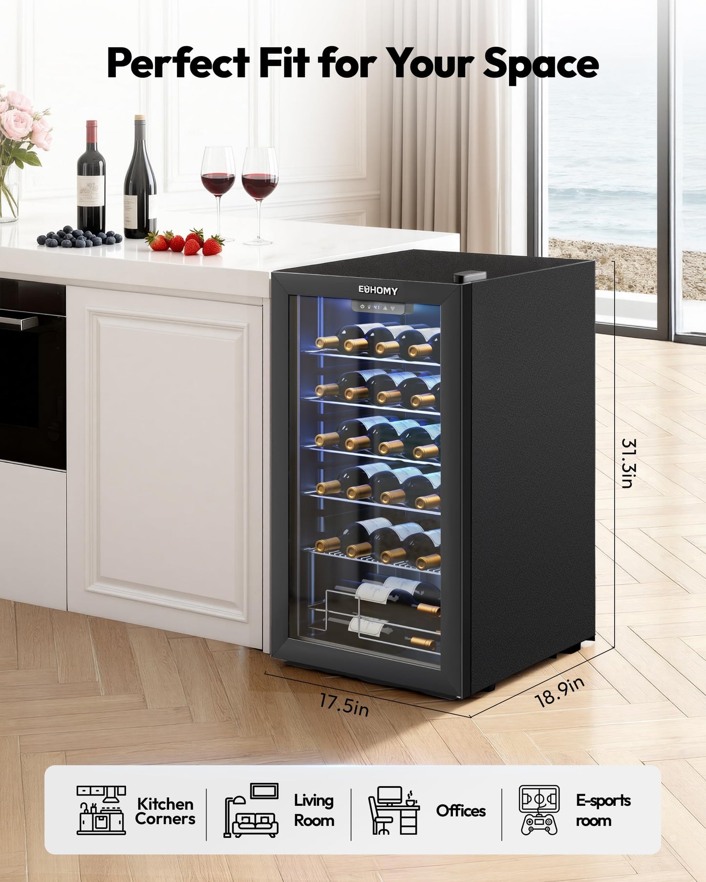 EUHOMY 25 bottle Wine Cooler Refrigerator, Freestanding Compressor Wine Fridge with Adjustable Temperature and Digital Control, Mini Fridge with Glass Door for Red White Wine, Beer, Black