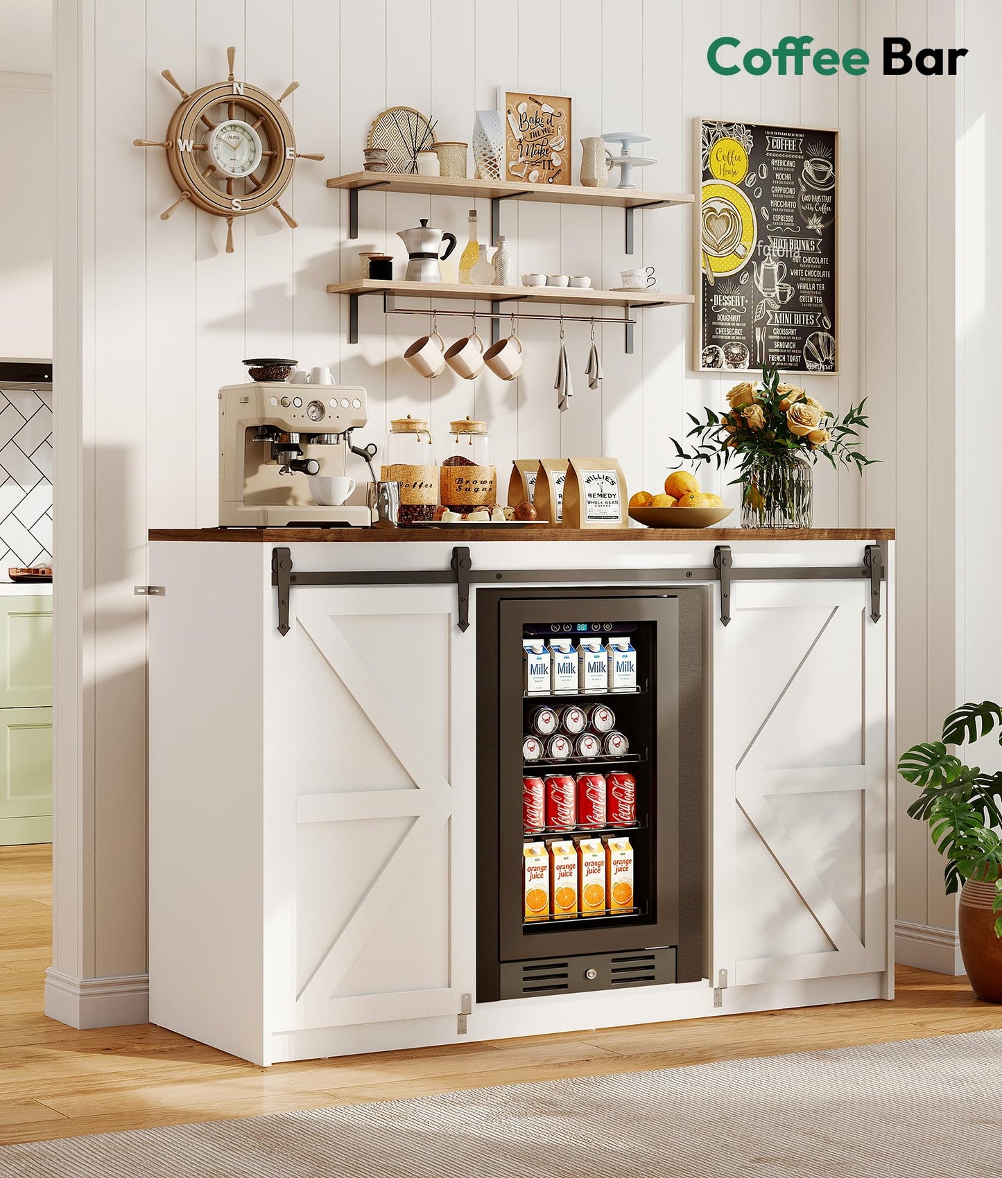 Lamtor Coffee Bar Cabinet with Storage - 53" Farmhouse Coffee Bar with Barn Doors, Mini Fridge Cabinet with Power Outlet for Kitchen Dining Room Living Room, White