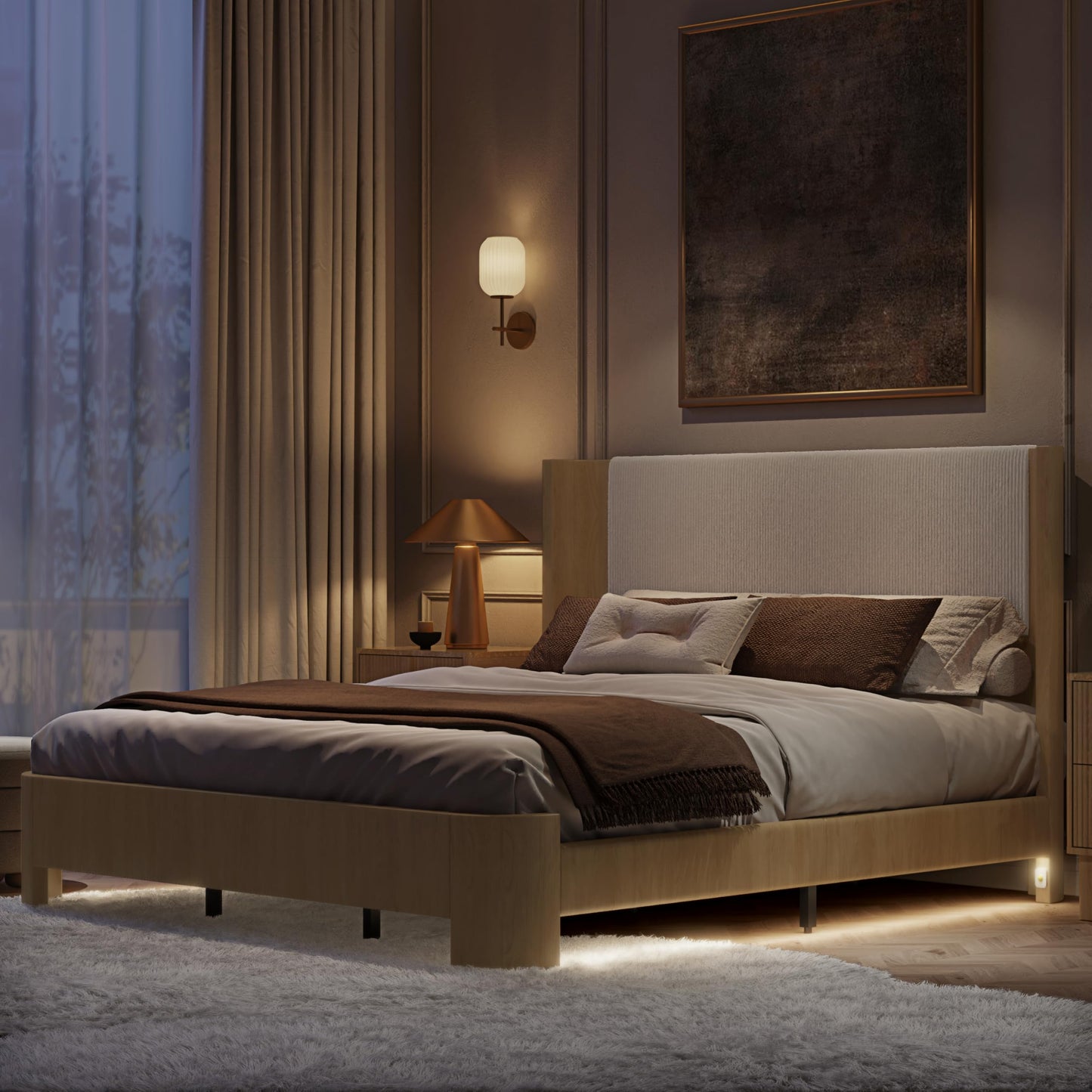 King Size Upholstered Platform Bed Frame with Wingback Headboard, Motion-Sensing LED Lights, Sturdy Slats, Mattress-Lock Footboard, PU Leather,No Box Spring Needed, Easy Assembly, Whitewashed Oak