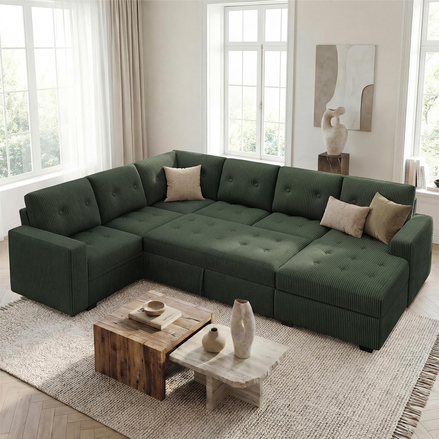 HONBAY Sectional Sleeper Sofa Bed with Storage Chaise, Sleeper Sectional Pull-Out Sofa, Sectional Sleeper Couch for Living Room, Velvet Green