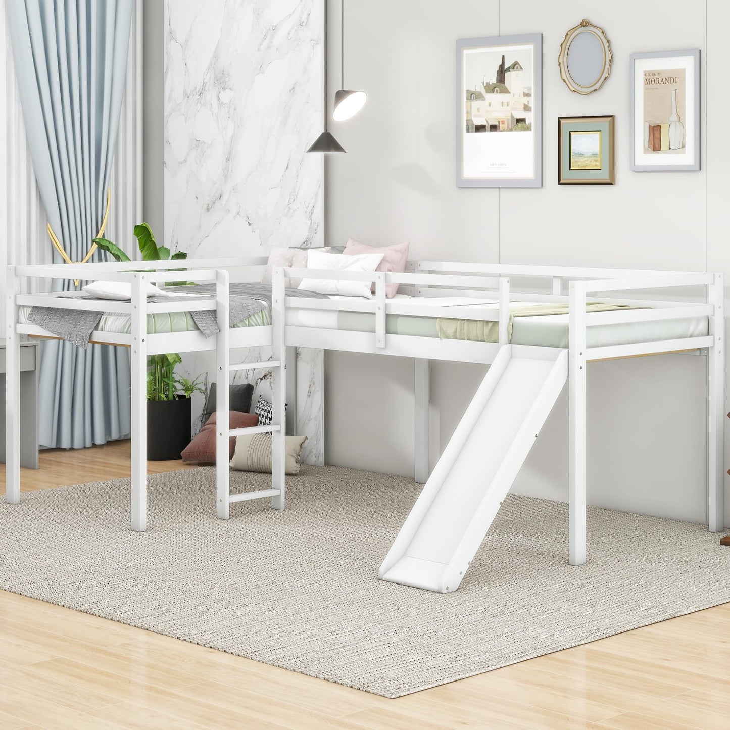 Favfurish L-Shaped Twin Size Loft Bed with Ladder and Slide,Solid Wood Structure Bed Frame,w/Safety Guardrail & Slat Supports,Space Saving,Easy to Assemble,for Kids,Teens,Girls & Boys,White