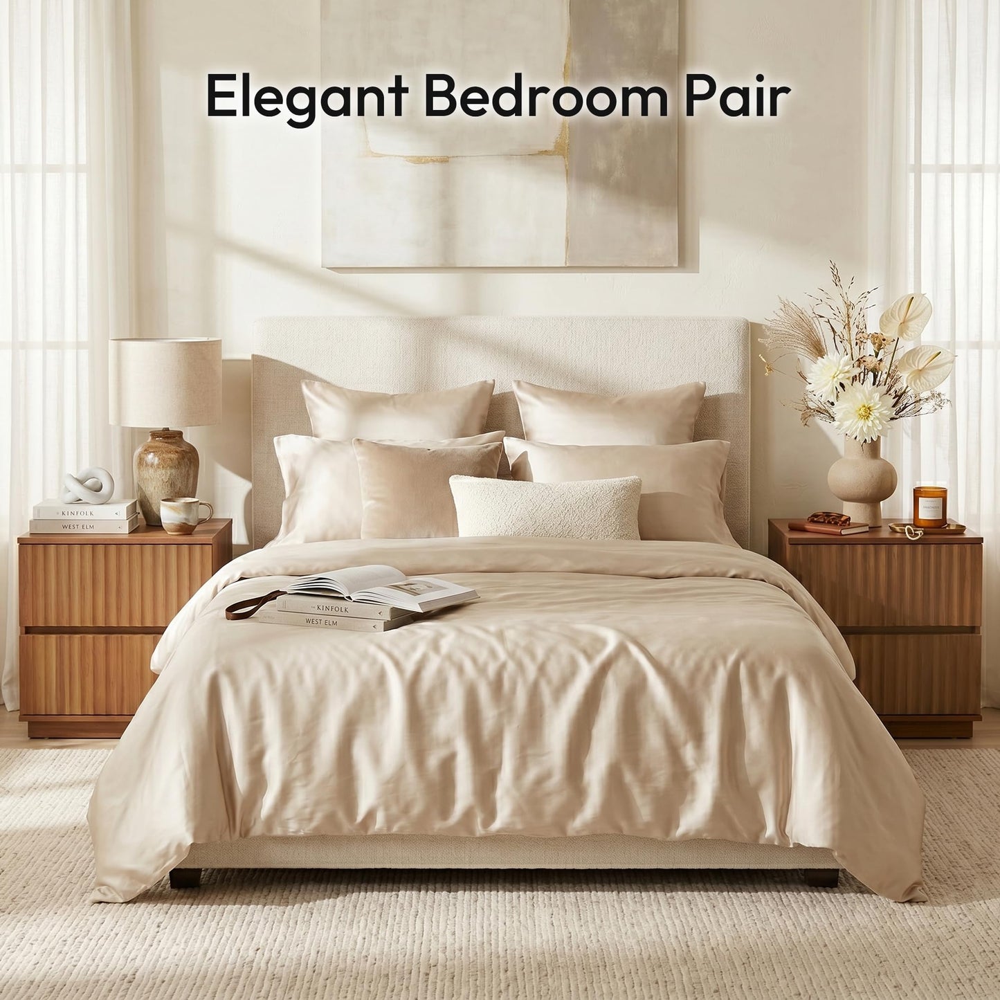 FurniXpress Fluted Nightstands Set of 2, 23.6" Wide Walnut Brown Mid-Century Modern Bedside Tables with 2 Drawers, Handleless Night Stand for Bedroom