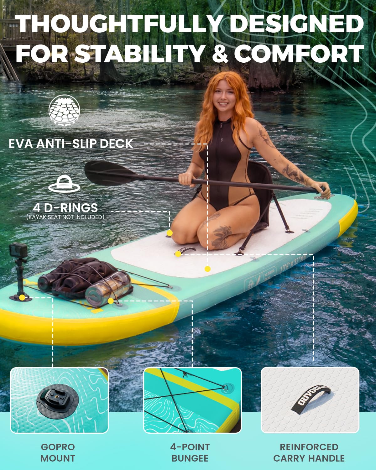HEYBOARD Inflatable Stand Up Paddle Board 10'6"×32"×6" Standup Paddleboard with Premium SUP Accessories & Backpack, Non-Slip Deck, Waterproof Bag, Leash, Paddle, Hand Pump, Mint Green
