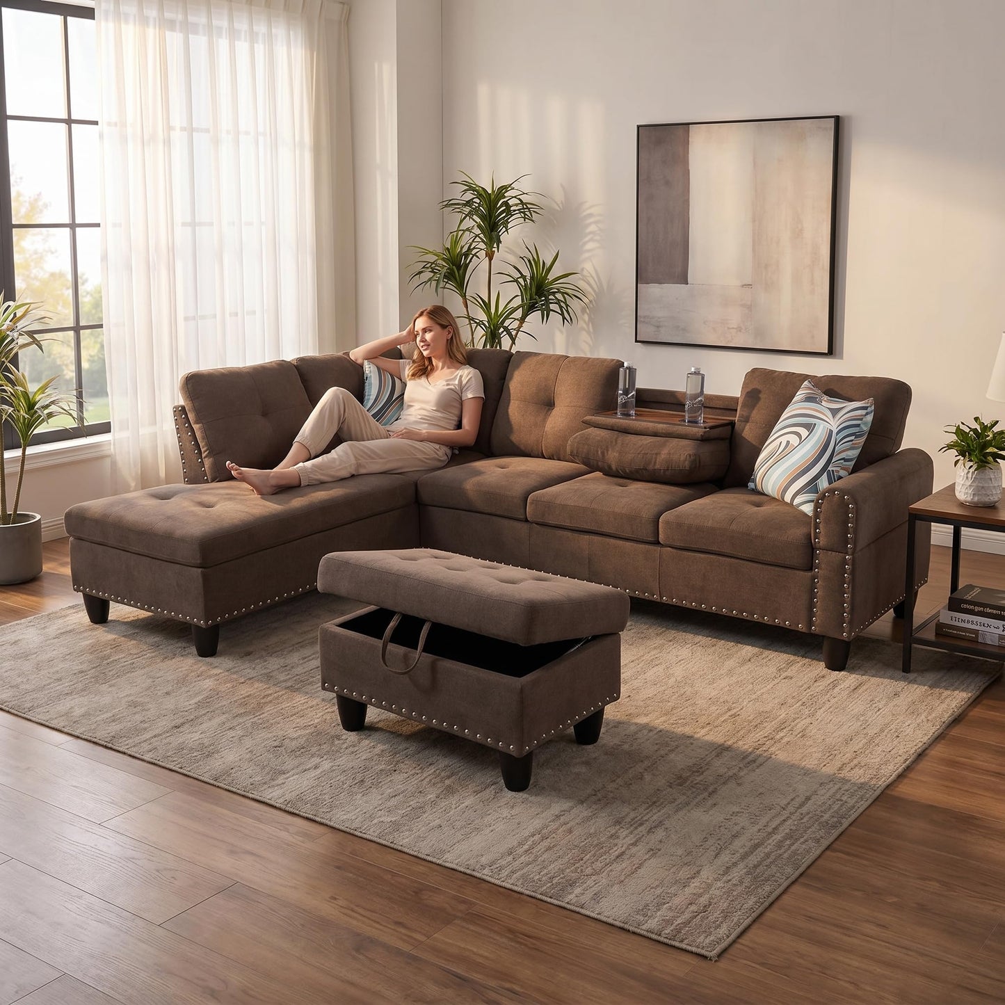 Trygoal 97.5" Linen L Shaped Couch with Left Chaise & Cup Holder, Sectional Sofas Modular Furniture Set with Storage Ottoman, Convertible Couches for Living Room, Small Space & Office (Brown)