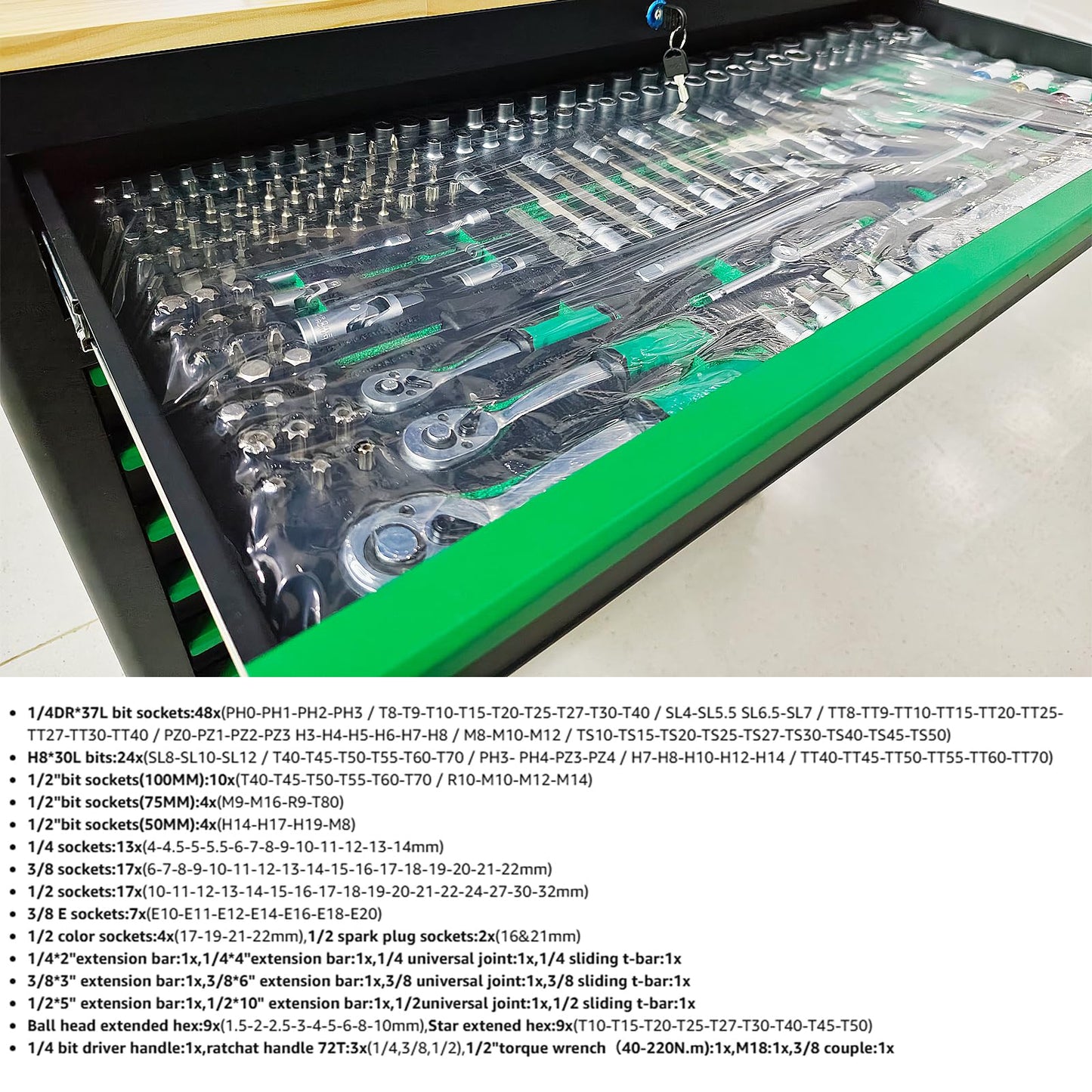Griplier 14-Drawers Rolling Tool Chest with Wood Workbench,Brake Casters,Lock & Key,Heavy-Duty Steel Tool Cabinet Storage, for Home,Garbge or Workshop Use (14 Drawer + 348 Pieces Tools)