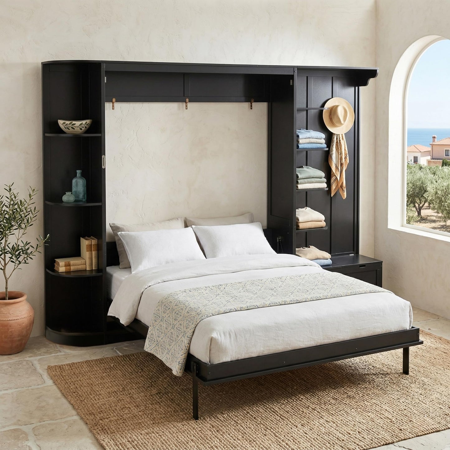 Merax Queen Size Murphy Bed with Storage and Lights, Hidden Fold-Out Legs, Foldable Murphy Cabinet Bed with Hook, Built-in Shelves & Cabinets, Wood Space-Saving Wall Bed for Guest Room Office, Black