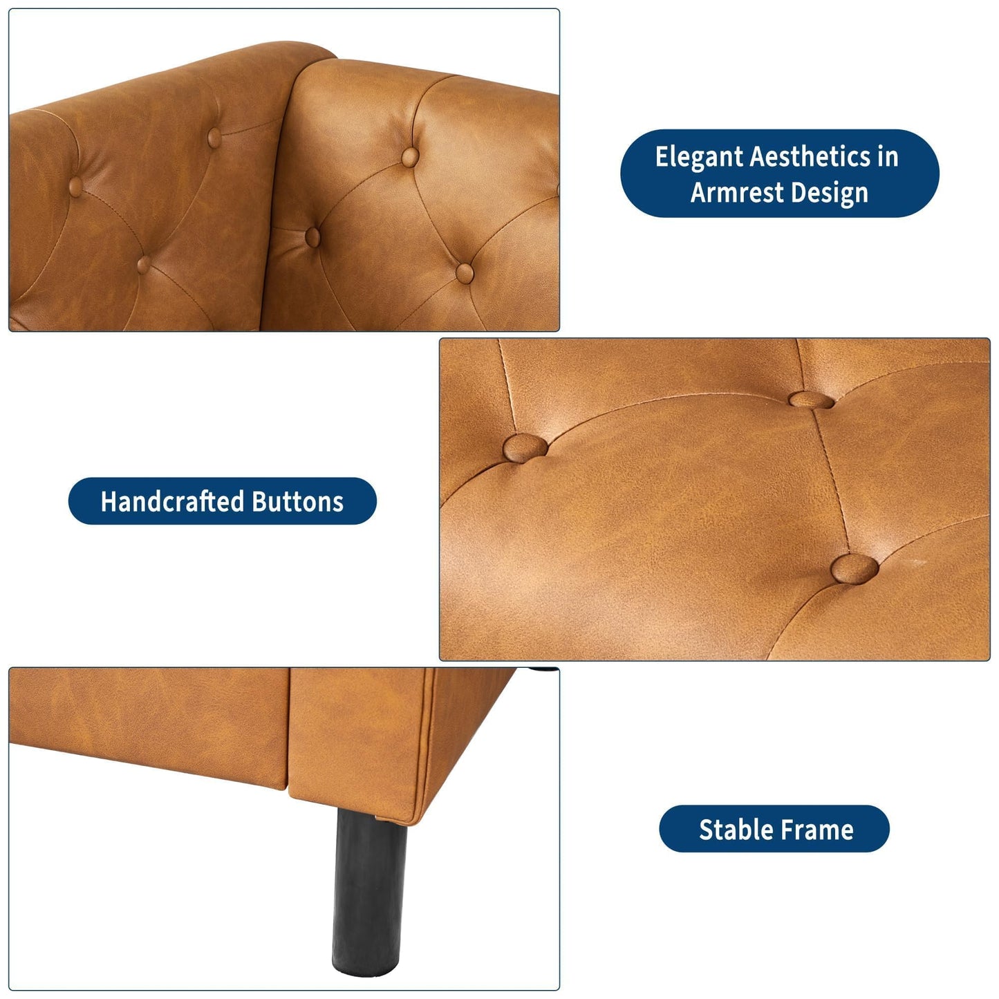 GarveeHome 81" Leather Couch for Living Room, Chesterfield Sofa with Deep Seat, Handmade Button Tufted 3 Seater Sofa, Modern Leather Sofa for Apartment, or Office, Cognac Tan
