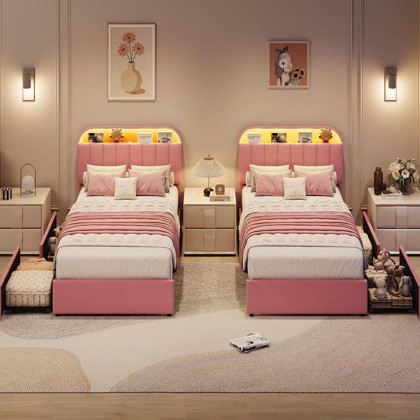 GarveeHome Twin Bed Frame with Storage Headboard, Kids Bed Frame with 2 Drawers, Velvet Upholstered Platform Bed Frame with Lights, No Box Spring Needed, Easy Assembly, Velvet Pink