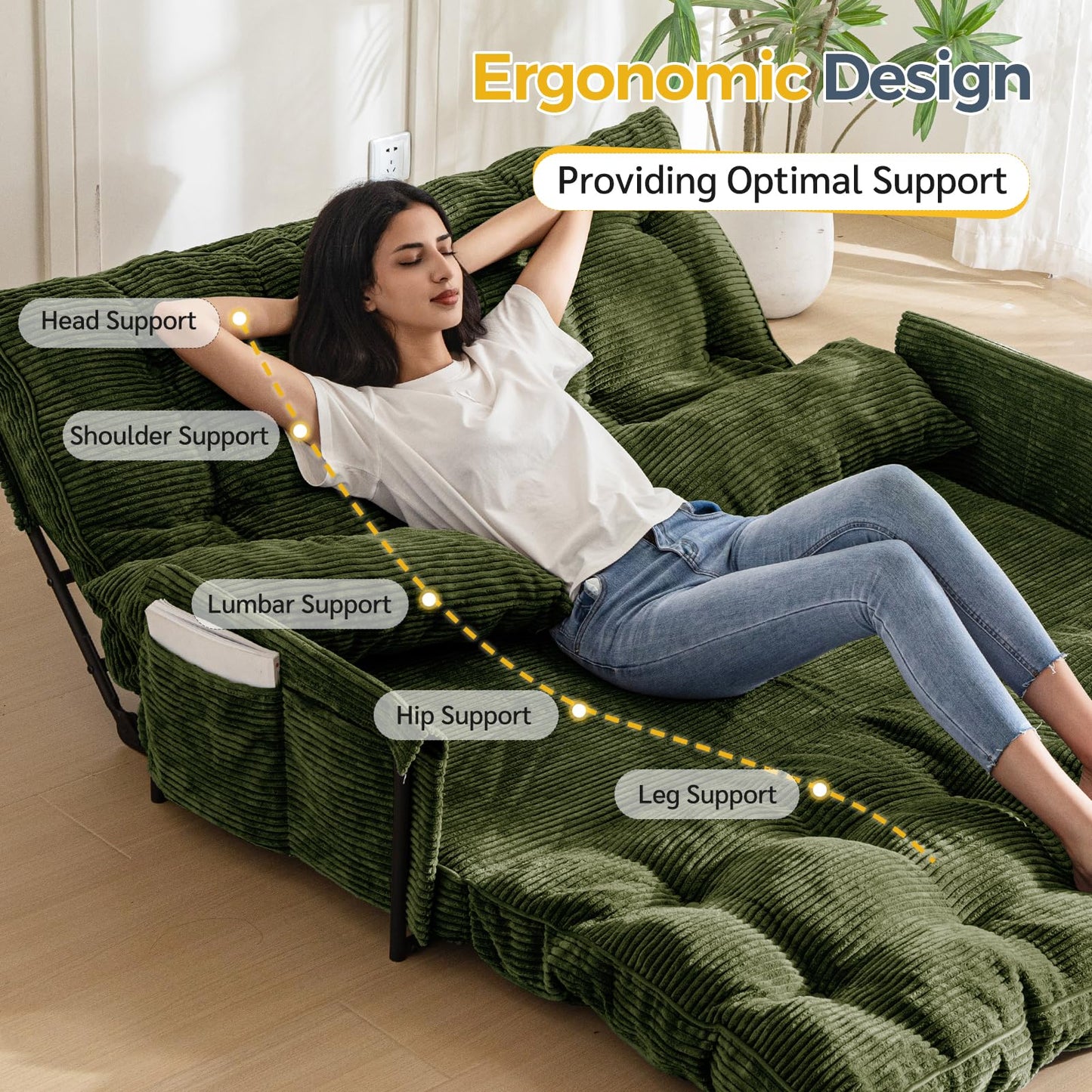 MAXYOYO Adjustable Floor Sofa Couch with 2 Pillows, Multi-Functional Bean Bag Bed, 5-Position Foldable Lazy Sofa Bed with Armrest, Versatile Floor Seating for Reading, Dark Green, Double