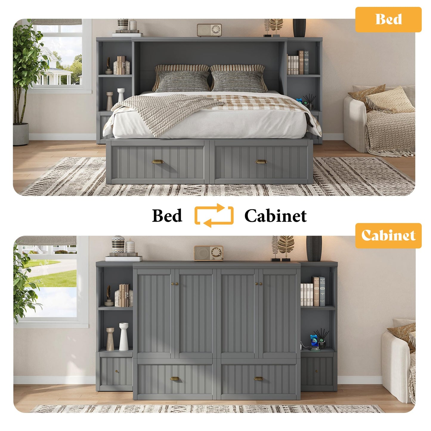 AMERLIFE Full Size Murphy Bed with Bedside Tables, Foldable Cabinet with 3 Storage Drawers & Charging Station, Farmhouse Hideaway Bed for Bedroom/Office/Guest Room, Grey