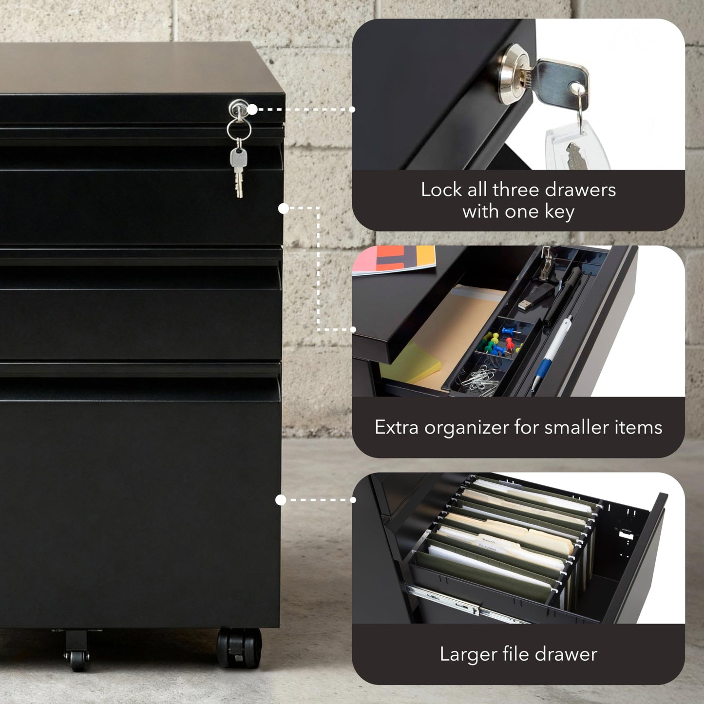 Mount-It! 3 Drawer File Cabinet with Lock and Wheels, Heavy-Duty Steel Rolling Drawer Cabinet, Fully Assembled Under Desk Filing Cabinet for Home Office Storage, 15.3" W x 19.75" D x 24.5" H, Black