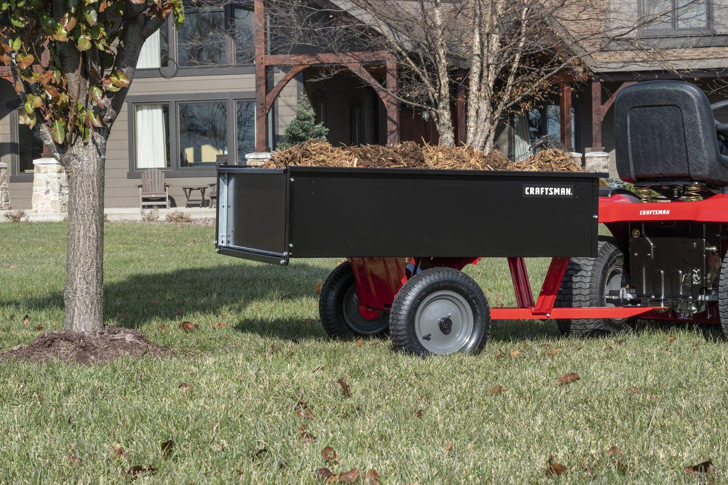 CRAFTSMAN, CMXGZBF7124355, 750-lb Capacity Steel Tow Behind Dump Cart, 12 Cubic Feet Capacity, Removable Tailgate - Garden Utility Trailer, 16” x 4” Pneumatic Tires