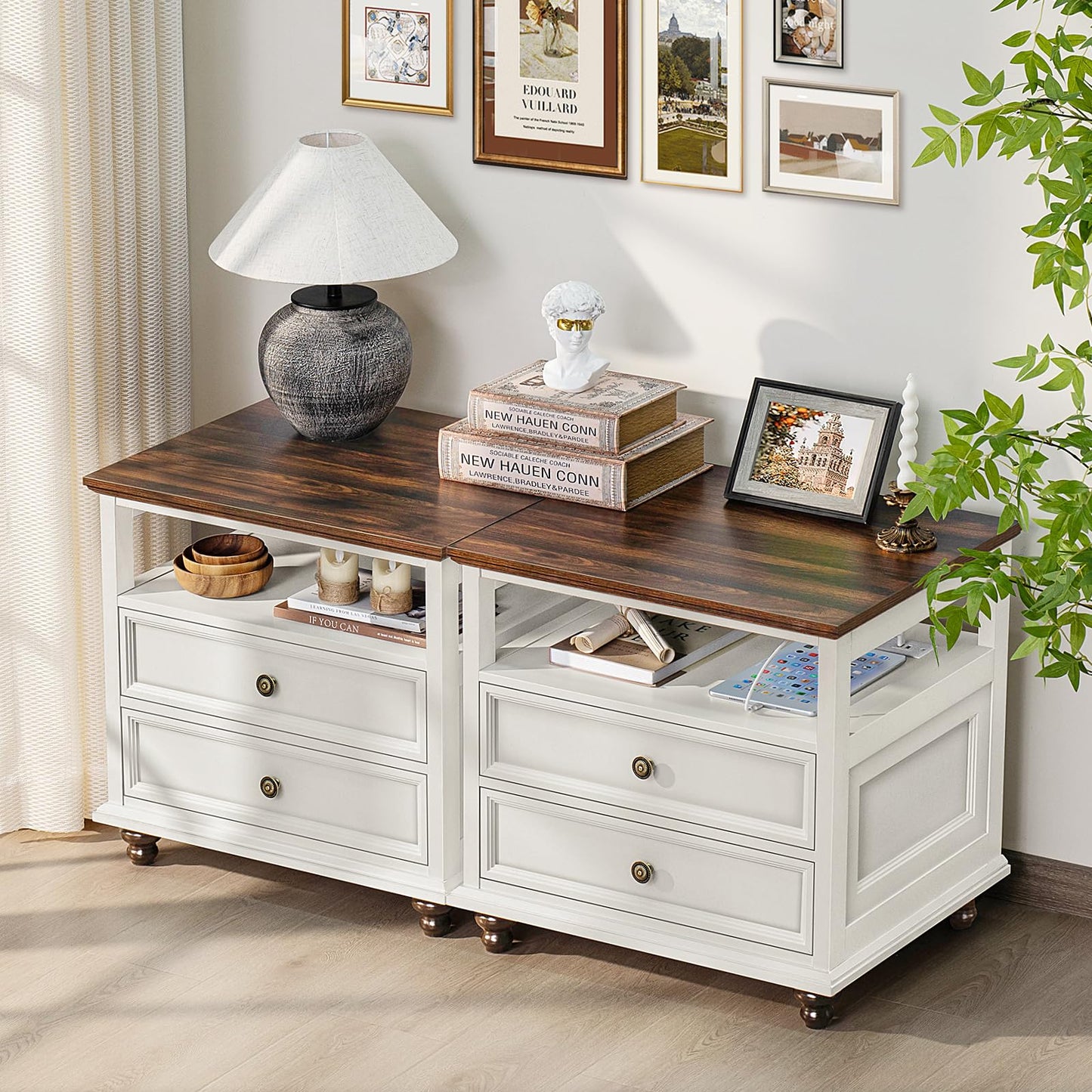 Joaxswe Farmhouse Nightstand Set of 2 with Charging Station, 24" Wide End Table with 2 Drawers,Dresser for Bedroom,Bed Side Table Chest of Drawers Cabinet,Wood White Night Stand for Living Room
