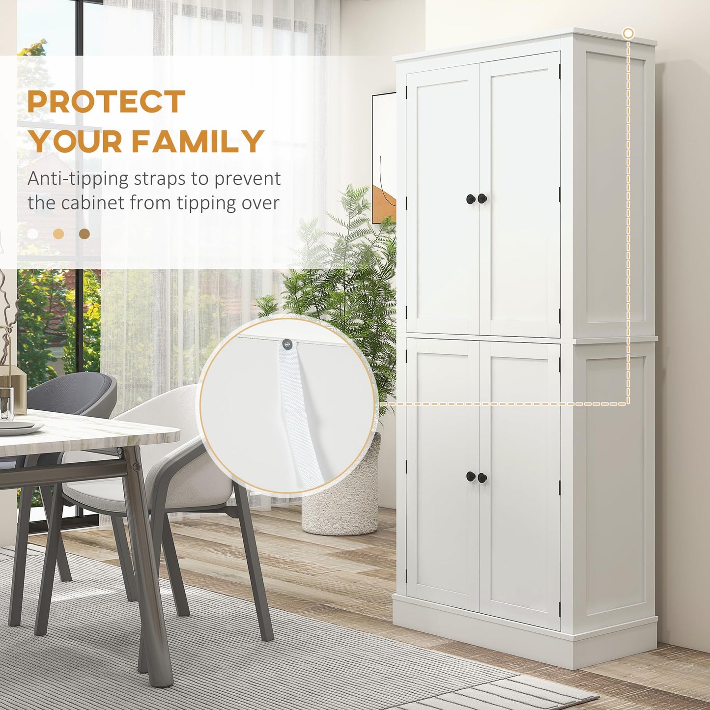 HOMCOM 72" Kitchen Pantry, Modern 4-Door Kitchen Storage Cabinet with Inside Drawer, Hanging Door Shelves, 5-Tier Shelving and Adjustable Shelf, White