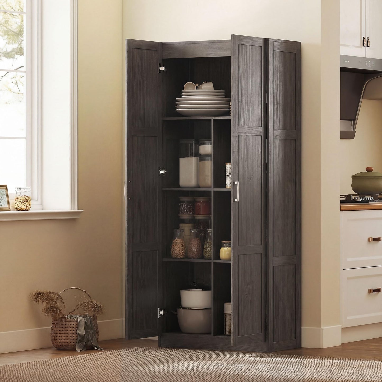 HOMCOM 71" Tall Kitchen Pantry Cabinet, Large Multipurpose Storage Cabinet with 4 Adjustable Shelves, Modern Farmhouse Freestanding Food Pantry with Framed Doors & Soft-Close Hinges, Espresso