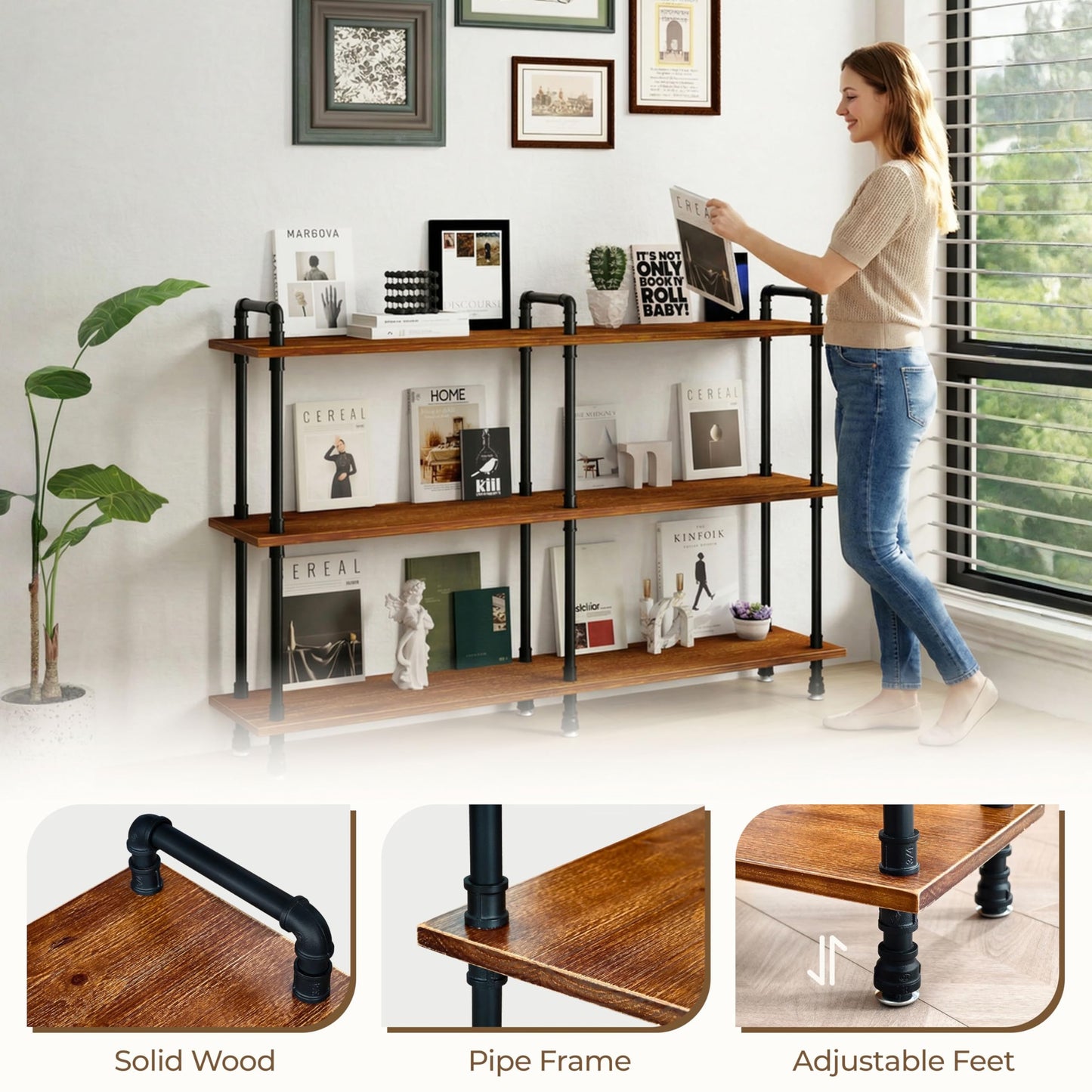 Industrial Bookshelf, Rustic Open Bookcase, 3 Tier Wide Wood and Metal Bookshelf, Solid Pine Wood and Iron Pipe Long Storage Shelf Wide Open Storage Shelf for Living Room Office Bedroom Kitchen
