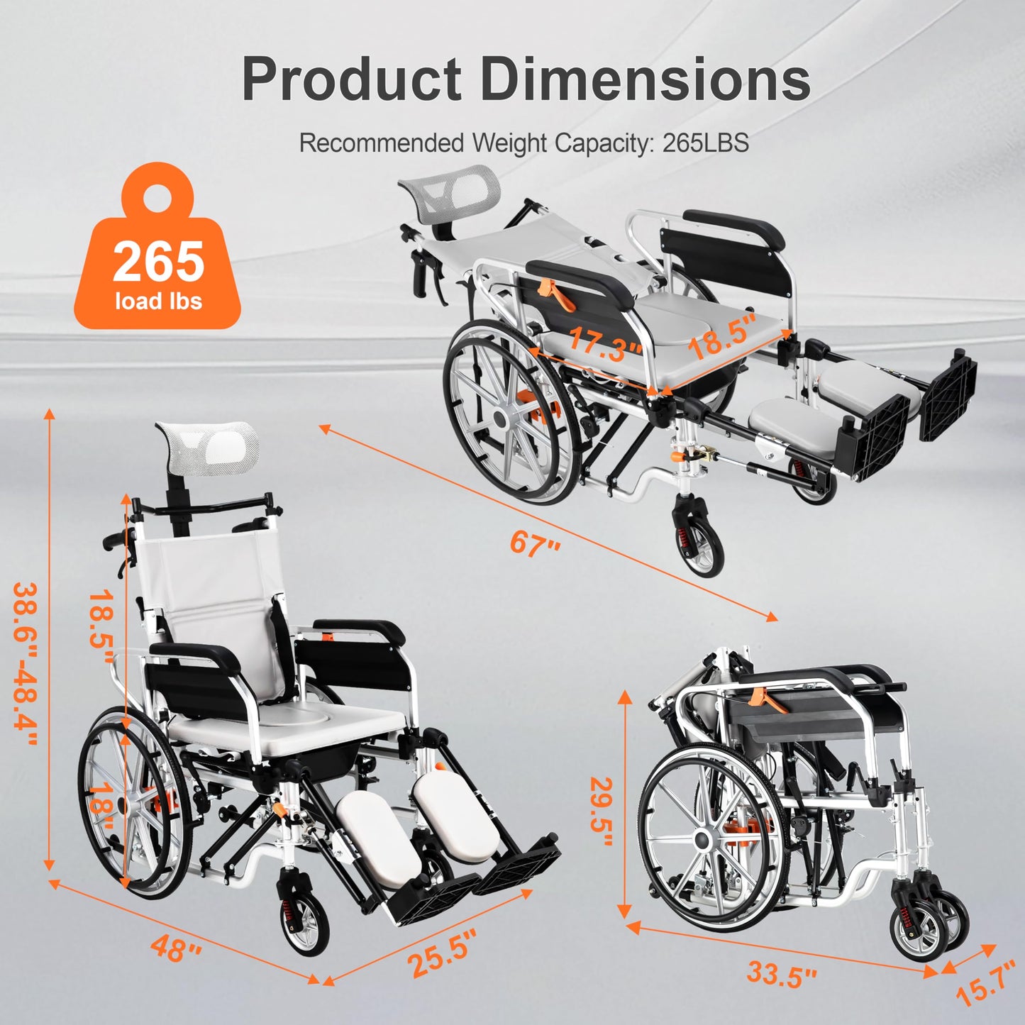 5-in-1 Reclining Wheelchairs, Waterproof Shower Bathroom Wheelchair, Elevating Leg Rests and Potty, 18.5" Wide Seat Heavy Duty Transport Wheelchairs for Adults, with Backpack& Removable Headrest