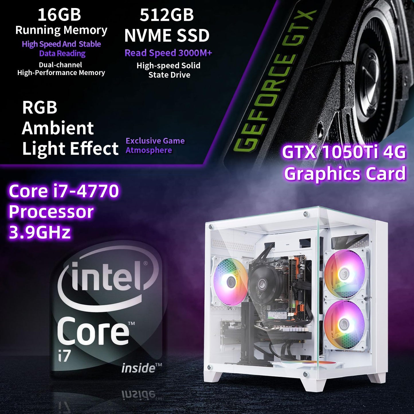 ZER-LON Gaming PC Desktop Computer, Intel Core I7 up to 3.9GHz, GTX 1050Ti 4G GDDR5, 16G RAM, 512GB SSD, WiFi 5.0, Prebuilt Gaming PC Tower Computer with 5 RGB Fan
