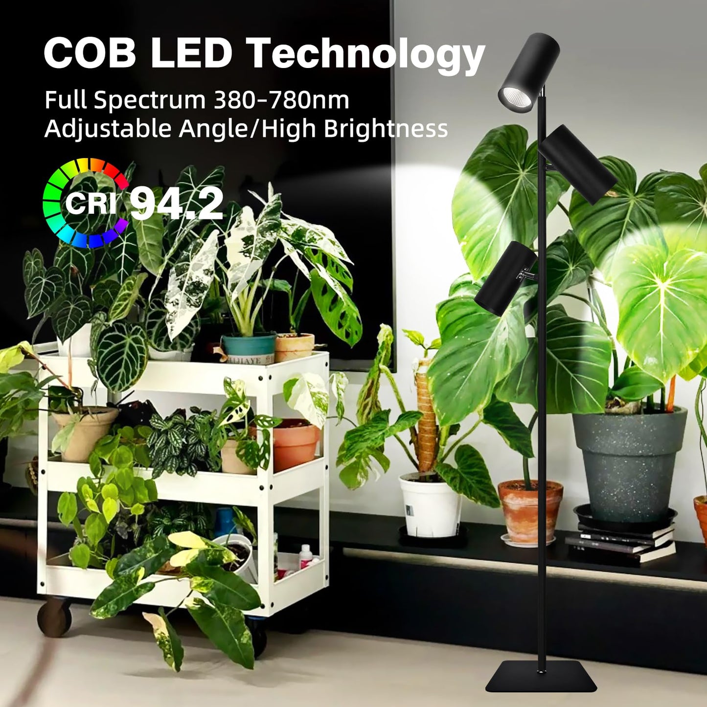 90W Dimmable Grow Light, Full Spectrum COB LED Triple-Head Floor Plant Lamp with High PPFD 900 & CRI 94, 6/8/12H Timer, Adjustable Height (43"-83") & Angle – Standing Grow Lights for Indoor Plants