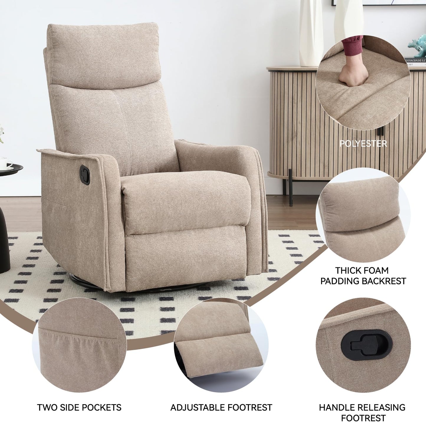 KEIKI 4-in-1 Manual Swivel Rocker Recliner Chair for Home Living Room, Polyester Chair with Back Massager & Heat, Home Theater Seating with Lumbar Support, Soft Recliner Office Chair for Adult, Khaki