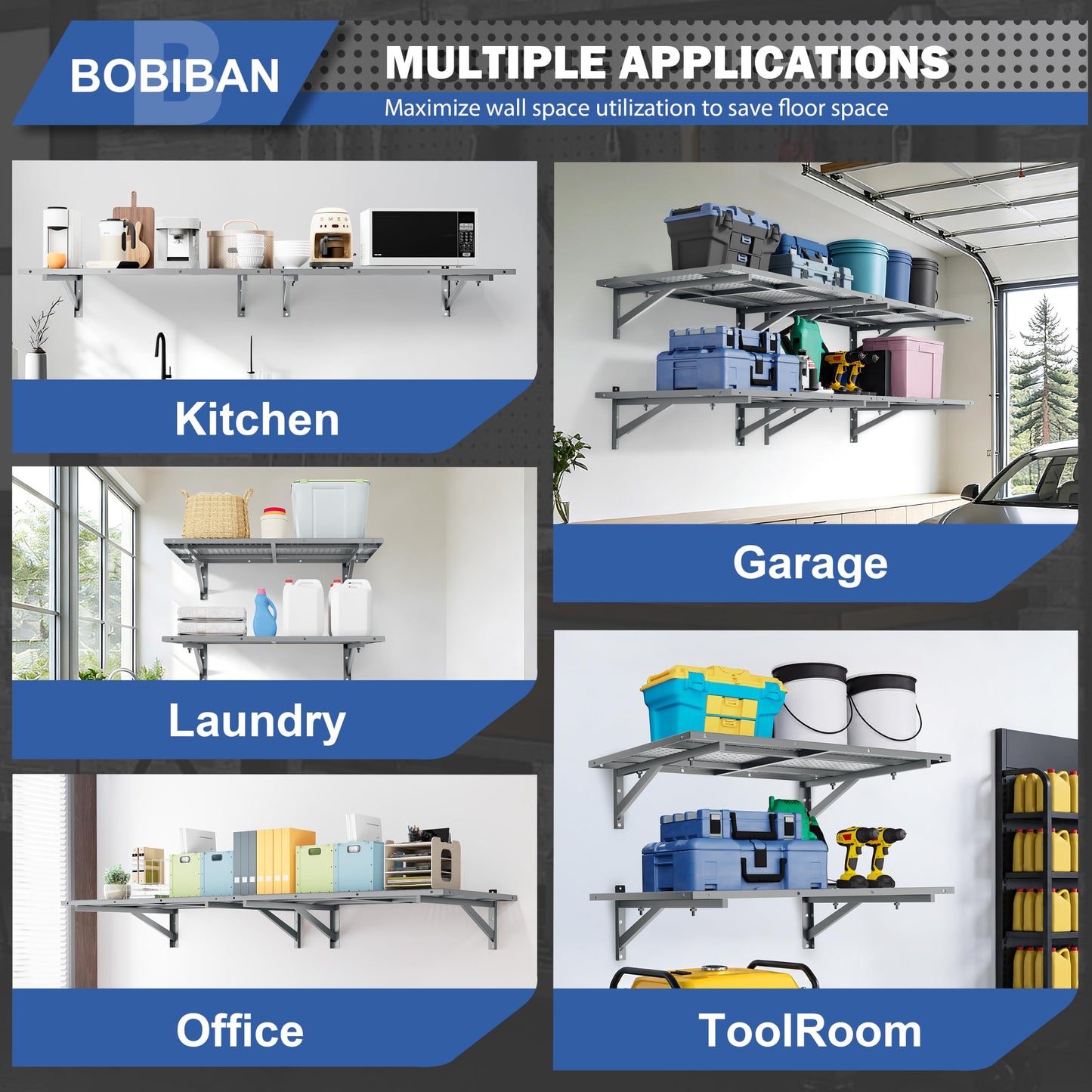 BOBIBAN 4 Pack Garage Wall Shelving Heavy Duty 2x3ft, Gray