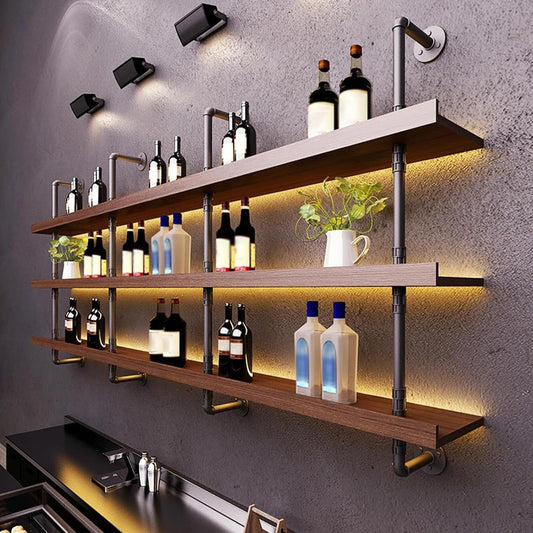 Dawselod Solid Wood Wine Racks Wall Mounted with LED Lights, Metal Wine Bottles Display Shelf, Industrial Floating Lighted Bar Shelves Liquor Rack for Home & Dining Room (120cm/47.2in)