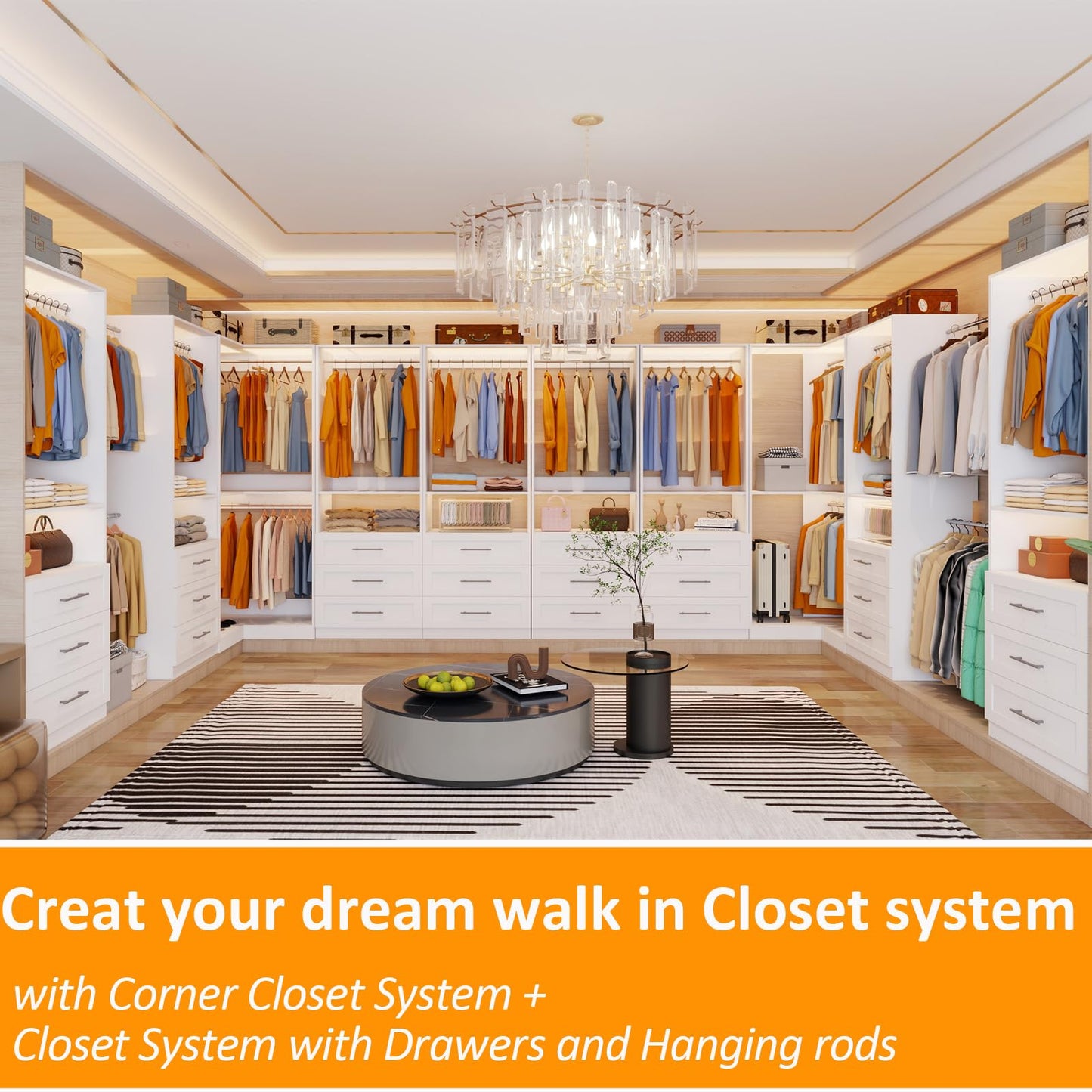 Secilix Closet System with 3 Wooden Drawers, 4.5-6FT Corner Closet Organizer System for Walk in Closet, Heavy Duty Modular Closet Systems, Built-in Shelving System with 5 Hanging Rods, 2-Piece Set