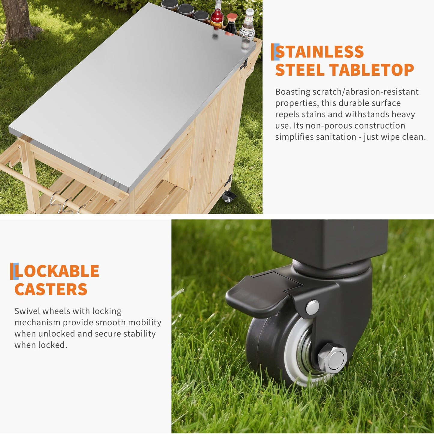 Outdoor Grill Cart with Wheels & Storage Cabinet – Movable Stainless Steel BBQ Prep Table, Portable Kitchen Island for Grilling, Backyard, Patio, Camping – Heavy Duty Dining Cart for Food Prep