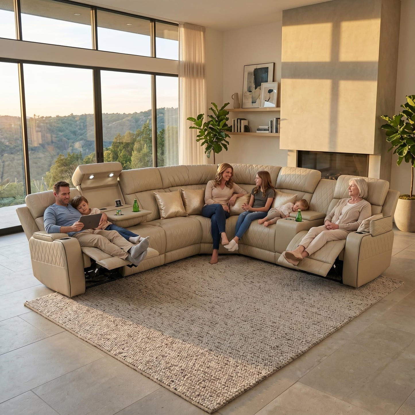 Trygoal Power Reclining Sectional Sofa Set, L-Shaped Leather Sectional Couches for Living Room, Home Theater Seating with Cup Holder, Modern Power Recliner Sofa Sets with LED Lights, Off-White