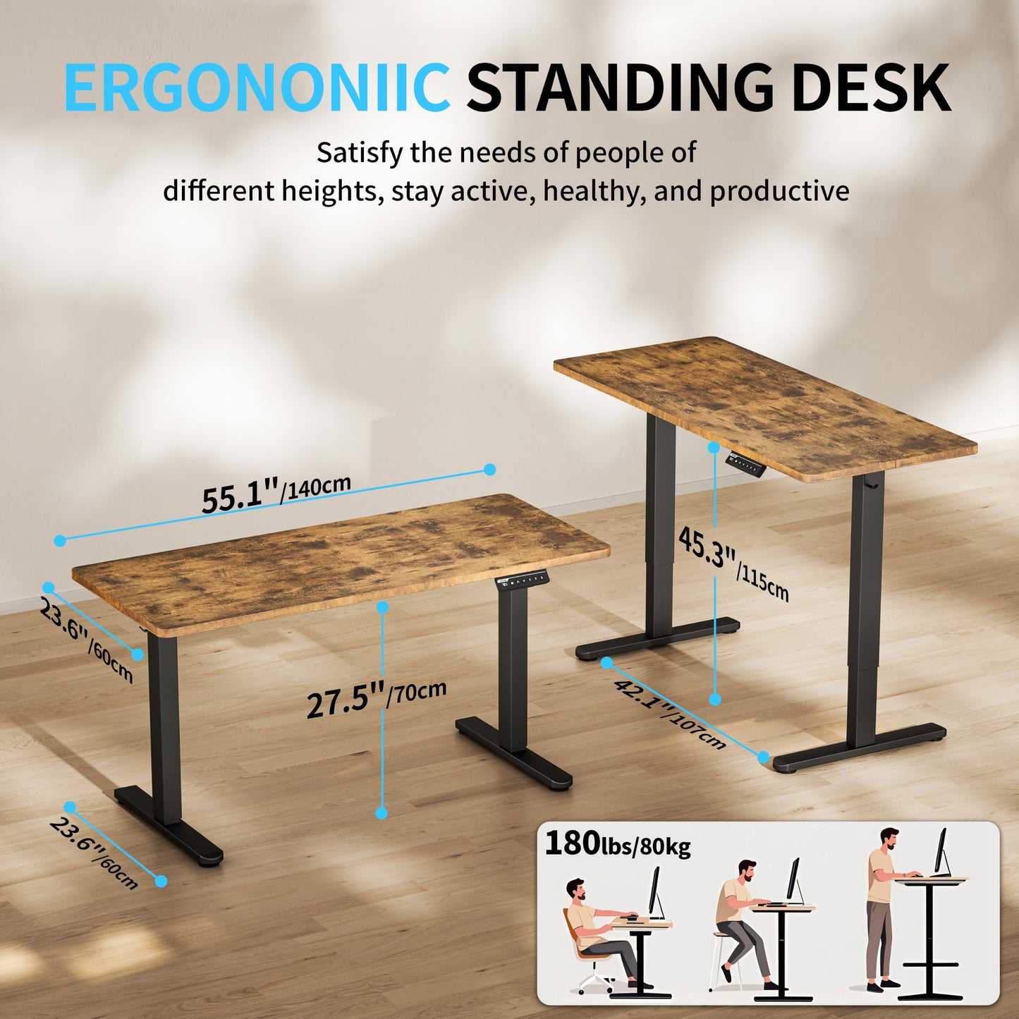 BIZUM Electric Standing Desk, 55" x 24" Height Adjustable Desk, Rustic Brown Sit to Stand Desk Memory Gaming Computer Workstation for Home Office