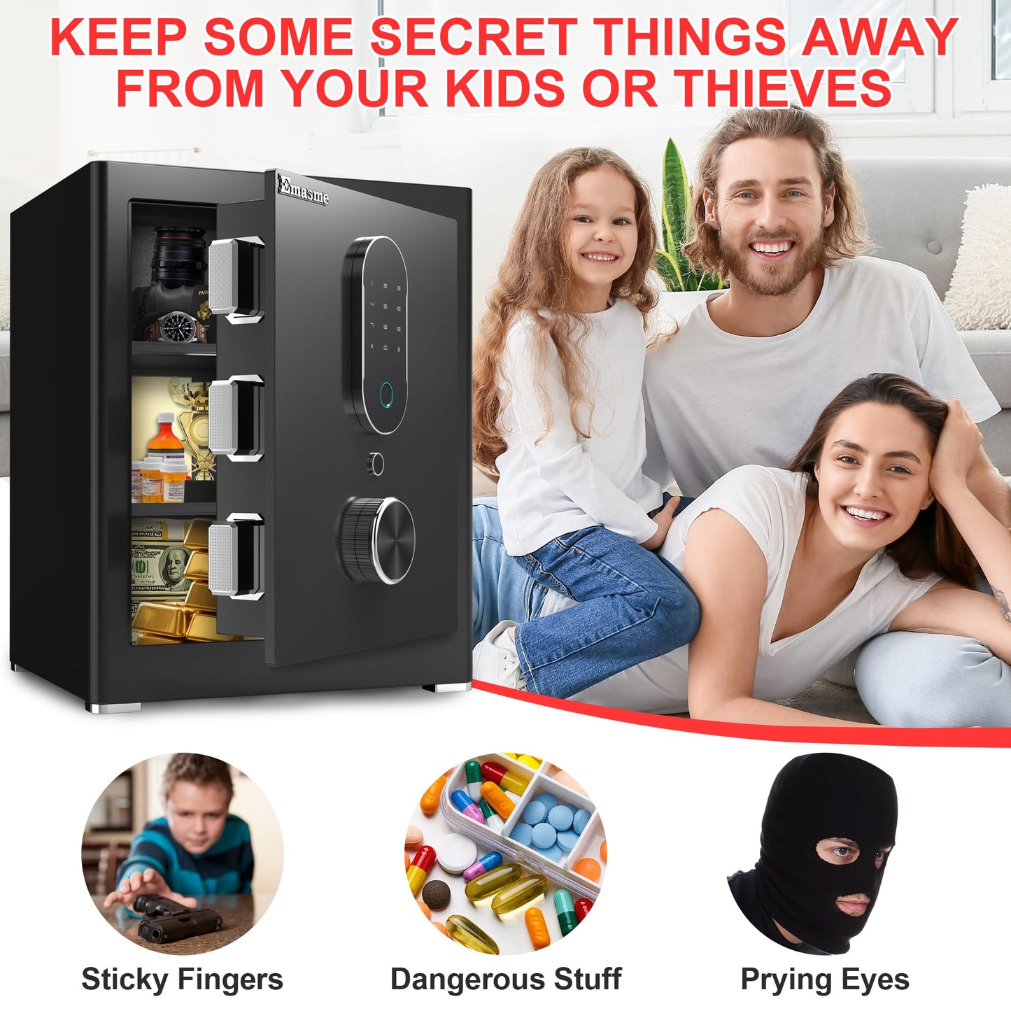 Safe Box, Money Safe with Fireproof Waterproof Bag, Medium Size Safes with Digital Keypad, Dual Alarm System, Removable Shelf for Valuables & Cash (Upgrade 2.0 CUFT Biometric