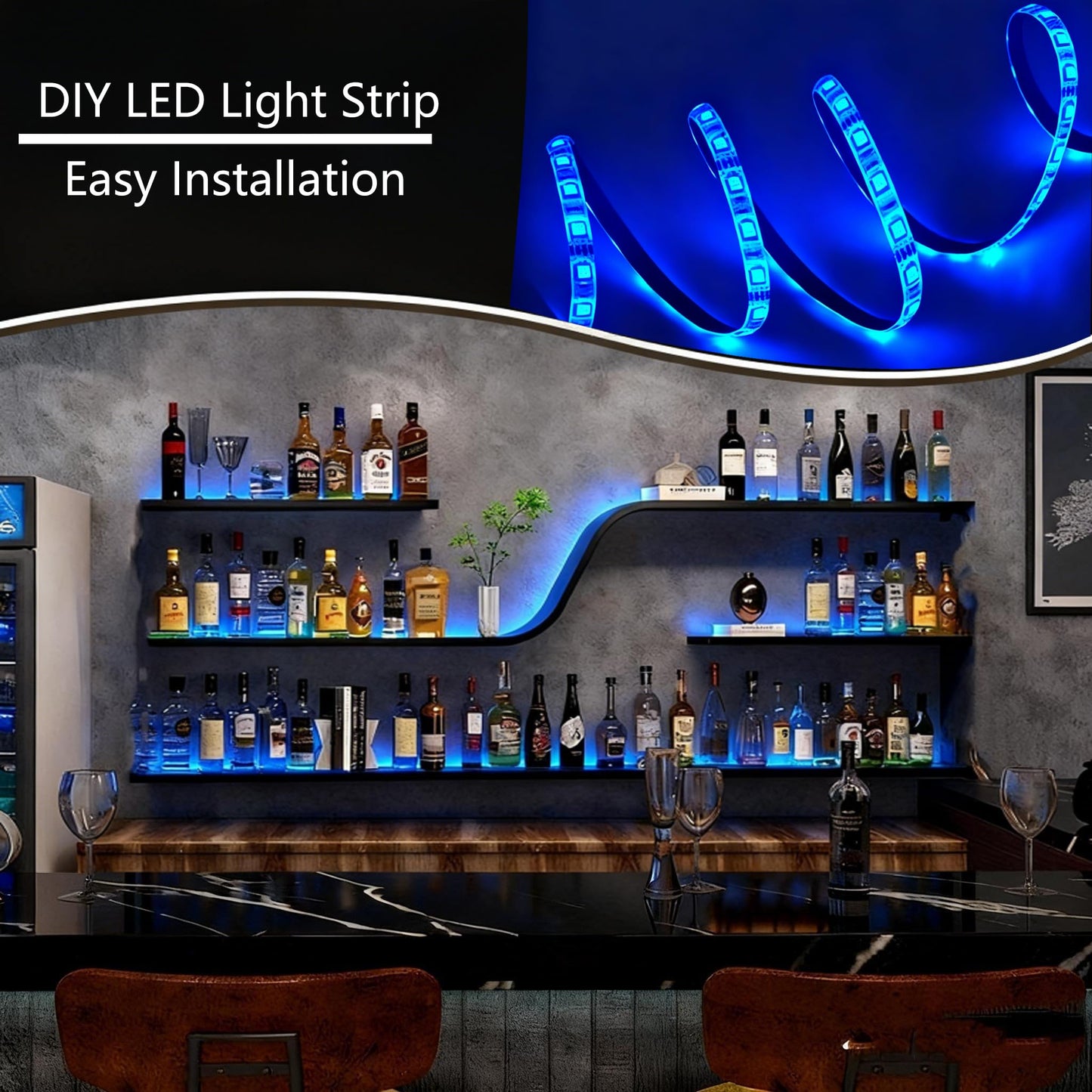 VITNSVILE 59IN Modern Wall Mounted Wine Rack with Blue LED Light