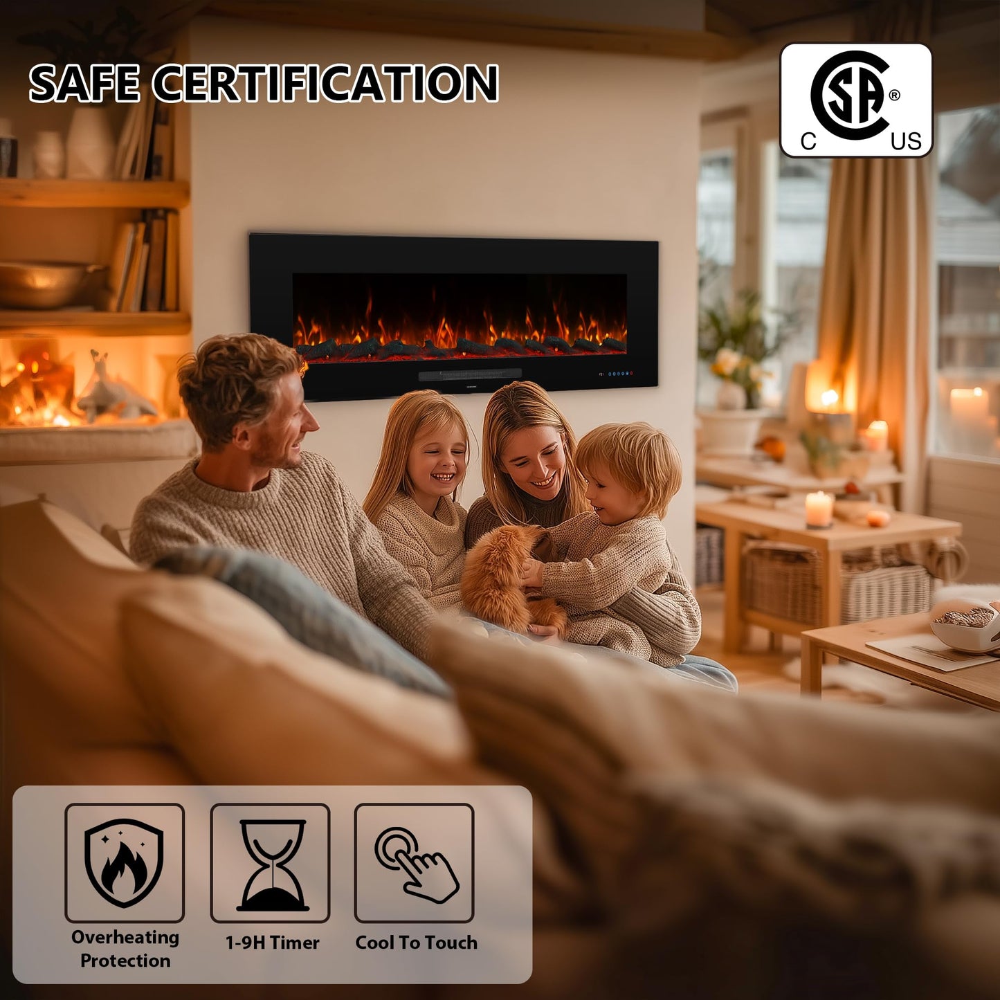 Dreamflame 50" Electric Fireplace, Recessed & Wall Mounted Fireplace Heater 13 * 13 Colors Flame &Fuel Bed w/5 Dimmer, Touchscreen &Remote Control Temp, Overheating Protect, Hardwired, 1500W, Black