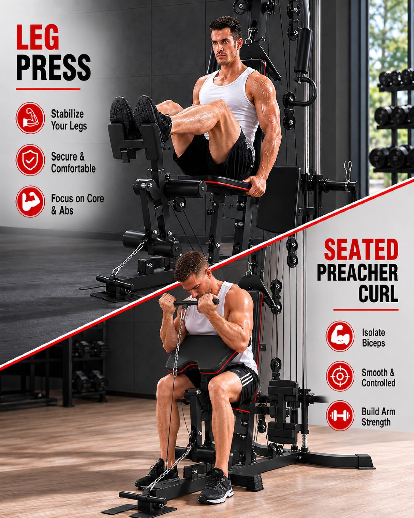GARVEE Home Gym Machine with Leg Press & Preacher Curl, Multifunctional Full Body Workout Equipment for Home Gym, Adjustable Chest Press, LAT Pulldown, Rowing & Leg Training System, 300 LBS Capacity