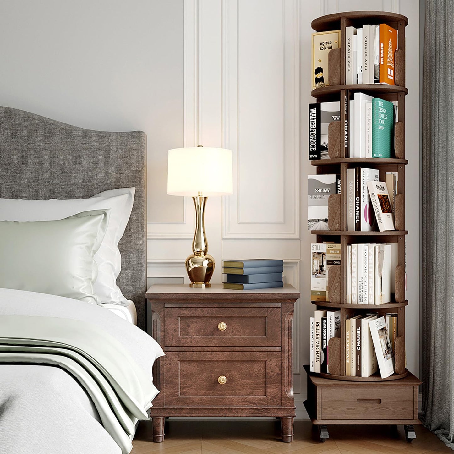 JIAWORLDER Solid Wood Rotating Bookshelf Tower on Wheels, 5-Tier Spinning Bookcase with Drawer, 72" Floor Standing Revolving Bookshelf, Rotating Bookcase for Small Space, Walnut
