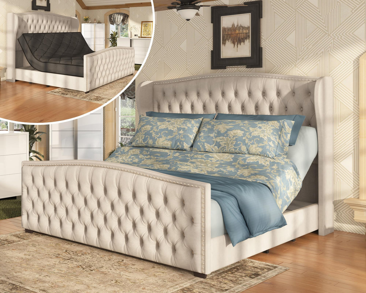 AMERLIFE King Size Adjustable Bed Frame with 51" H Velvet Upholstered and Deep Button Tufted Headboard, Electric Bed with Dual Motor/Nailhead Trim Wingback, No Box Spring Needed, Cream
