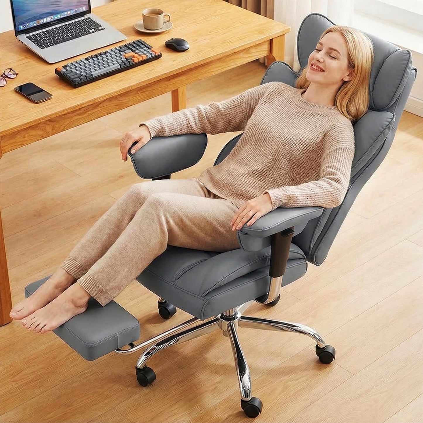 DUMOS Big and Tall Home Office Desk Chair, Gaming Computer Chair, Executive Ergonomic Chair with Footrest, High Back Reclining, Adjustable Armrests and Comfy Lumbar Support, PU Leather, Grey