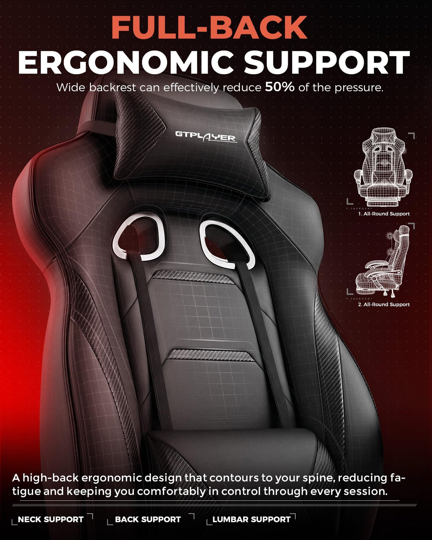 GTPLAYER Gaming Chair with Footrest, Big and Tall Game Chair 350lb Racing Style Computer Chair, Ergonomic Executive Office Chair High Back with Lumbar Support and Recliner, Black