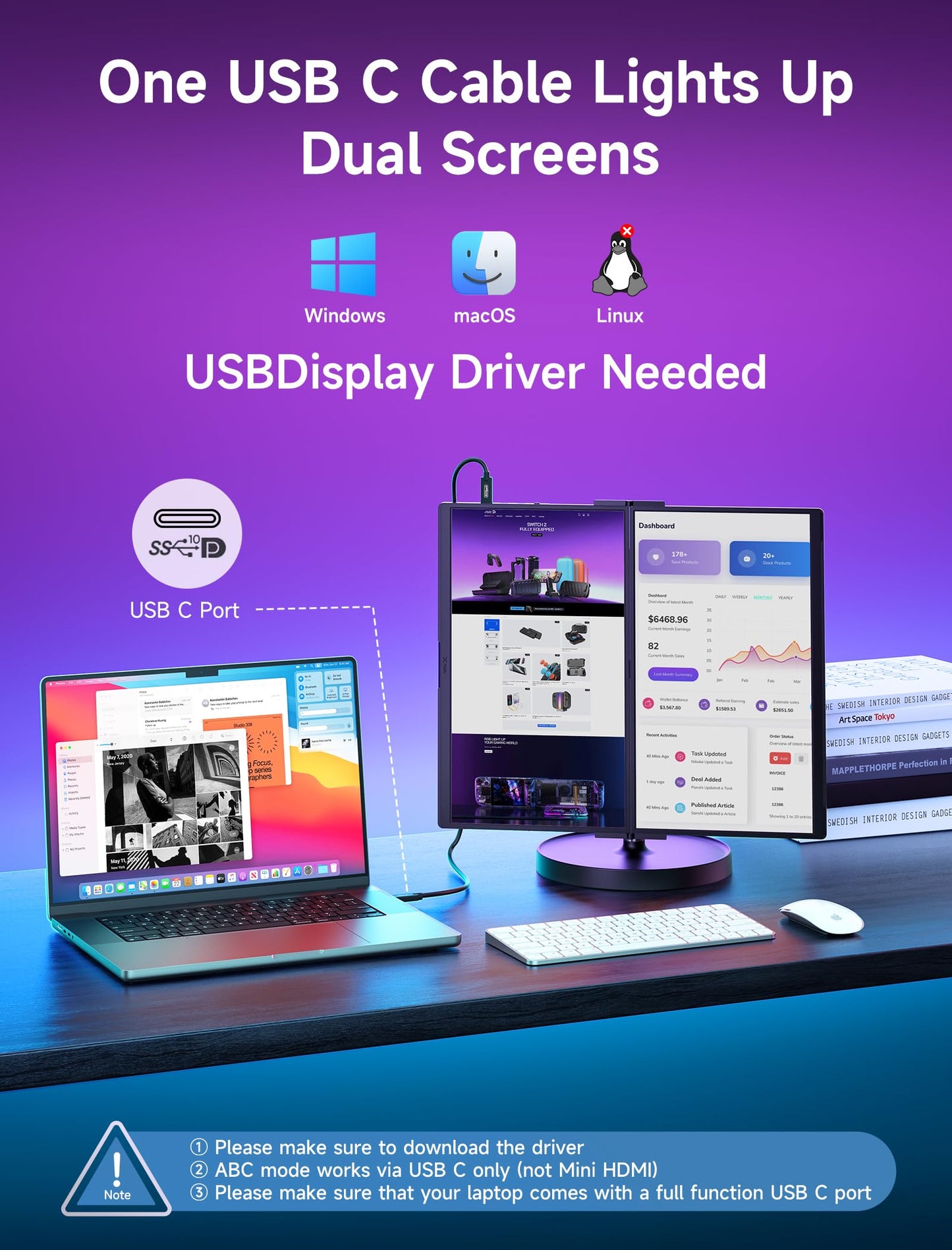 JSAUX FlipGo Pro 15.6" Dual Portable Monitors, 1080P FHD IPS Dual Screen Monitor, Triple Screen Laptop Monitor Extender for Wins/macOS (Driver Required) with Magnetic Design/Plug & Play/Built-in Hub