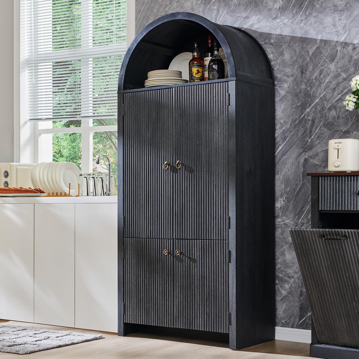 IFBUY 71" Tall Arched Bathroom Storage Cabinet, Modern Fluted Storage Cabinet w/Doors, 3 Adjustable Shelves, 6 Door Shelves, Wood Freestanding Cabinet for Bathroom, Entryway, Hallway, Dark Grey