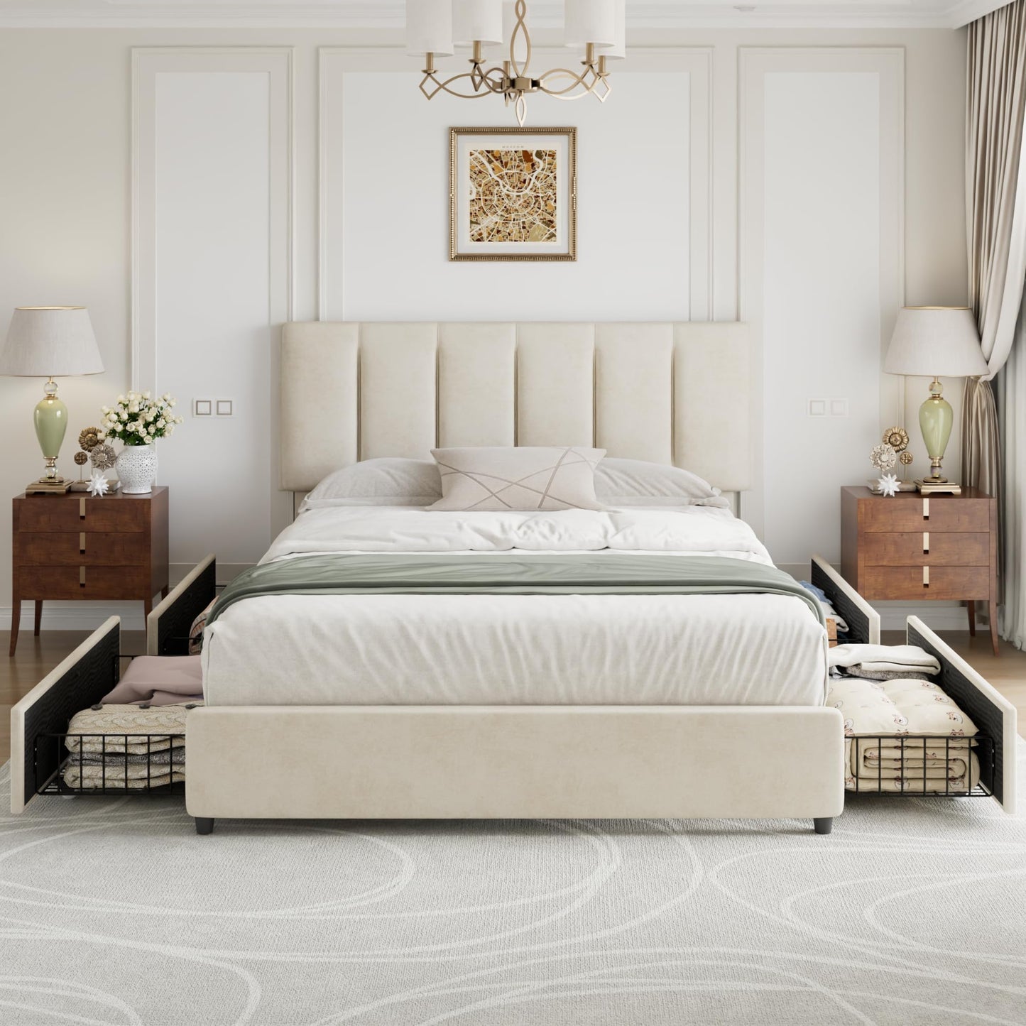 VECELO Queen Size Bed Frame with 4 Storage Drawers, Adjustable Height Headboard, Heavy-Duty Platform Bedframe with Strong Wooden Slats, No Box Spring Needed, Pale Beige
