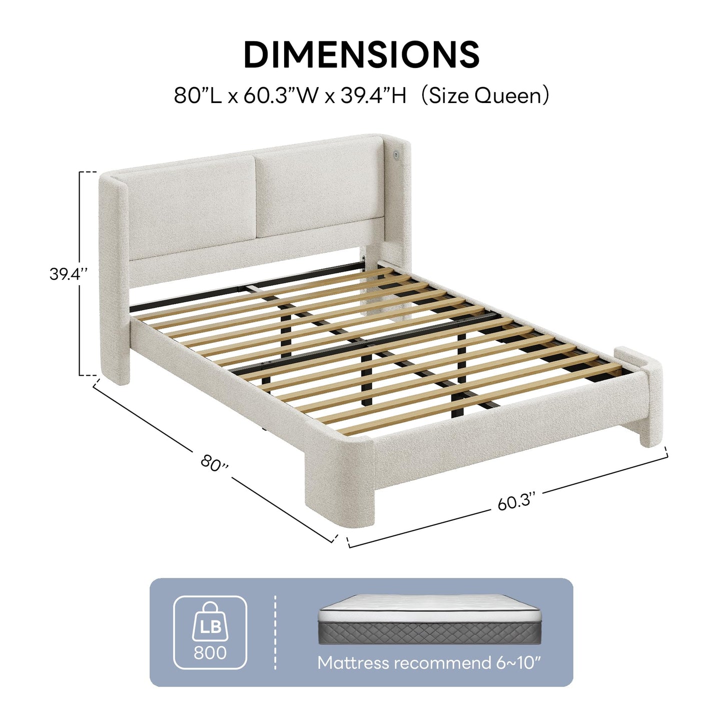 LIKIMIO Queen Bed Frame with Headboard, Upholstered Boucle Platform Bed with USB Ports, Base Camas Queen No Box Spring Needed, Cream White