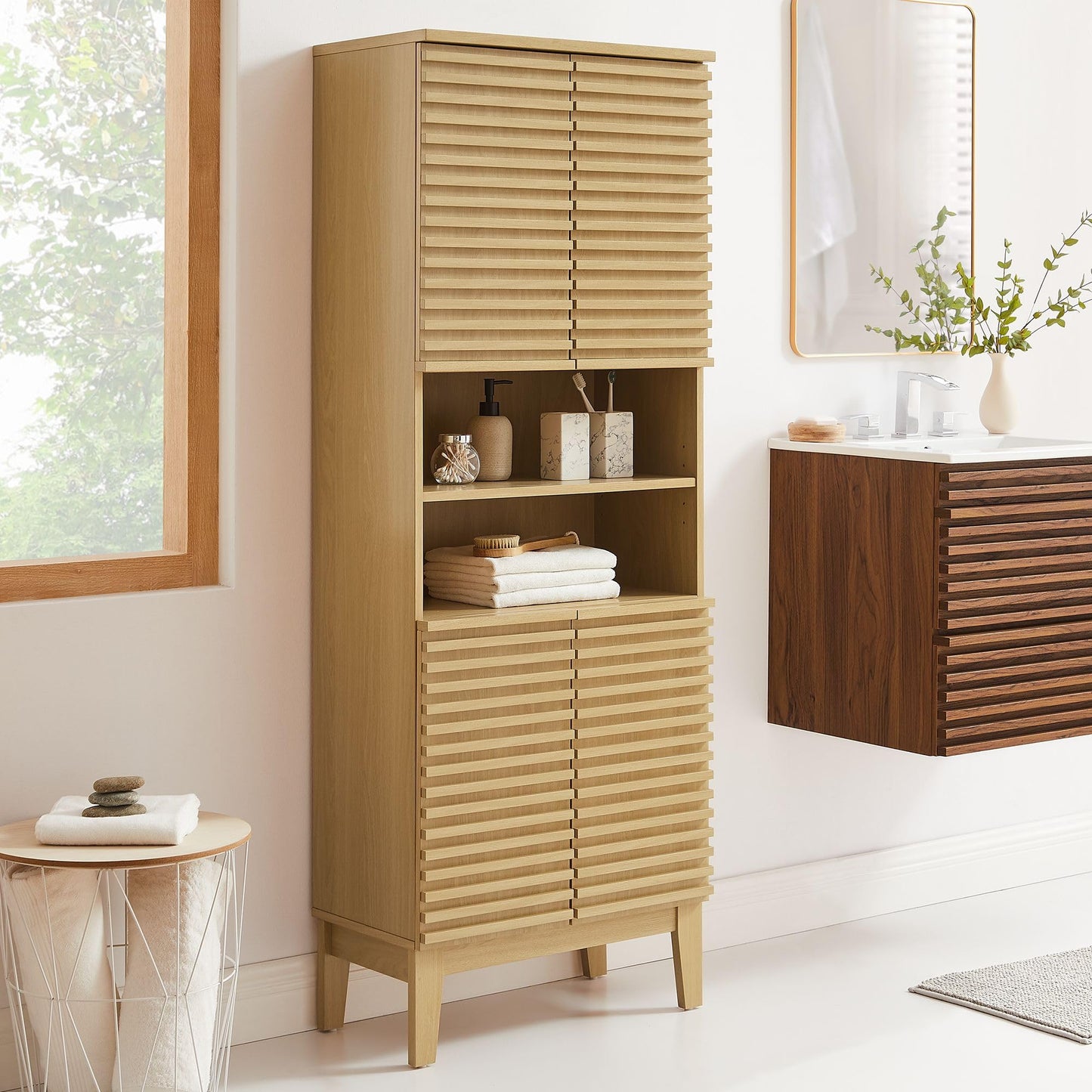 Modway Render Tall Bathroom Storage Tower in Oak - 63” Freestanding Linen Cabinet with Open Shelves and 4 Soft-Close Doors - Towel and Makeup Organizer