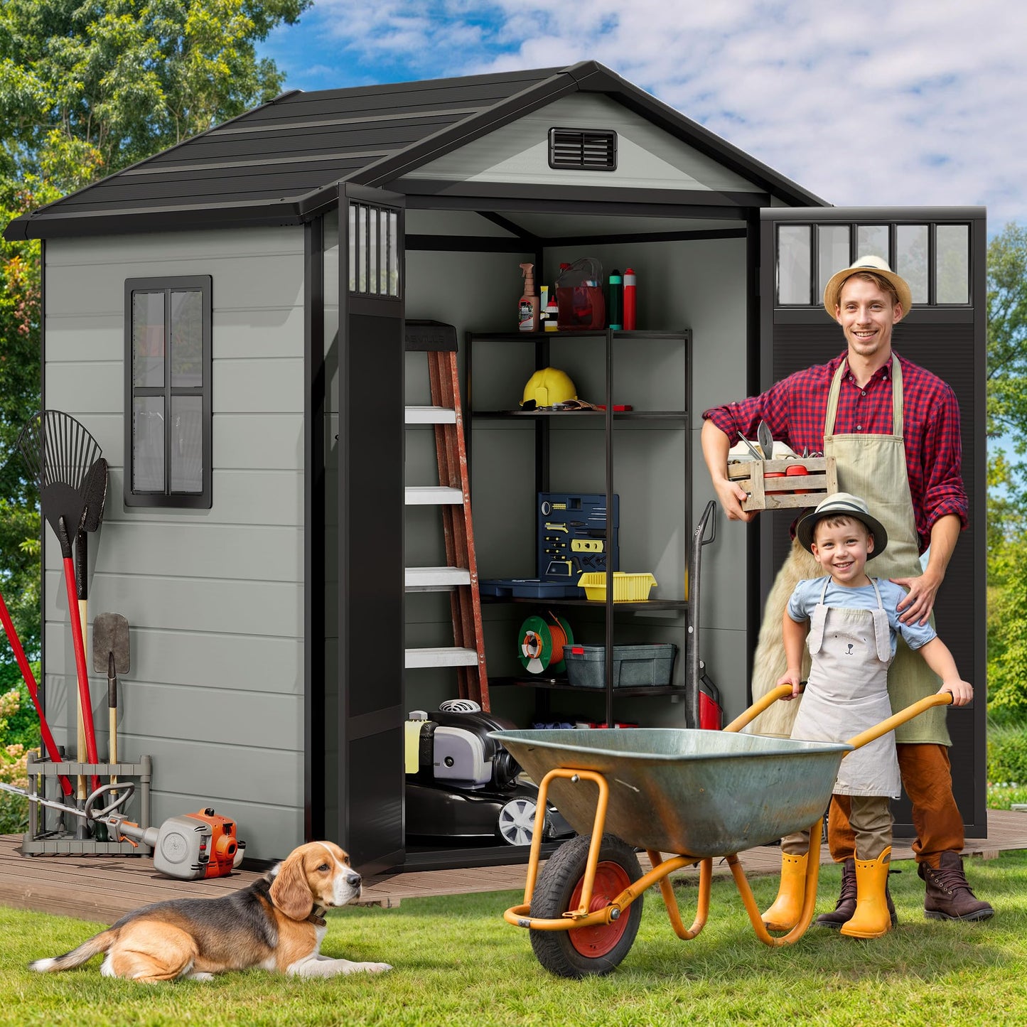 DWVO 6x4.4 FT Resin Storage Shed with Fence-Style and Side Windows, Lockable Door, and Vents for Garden, Backyard, Patio, Lawn, Blue-Gray