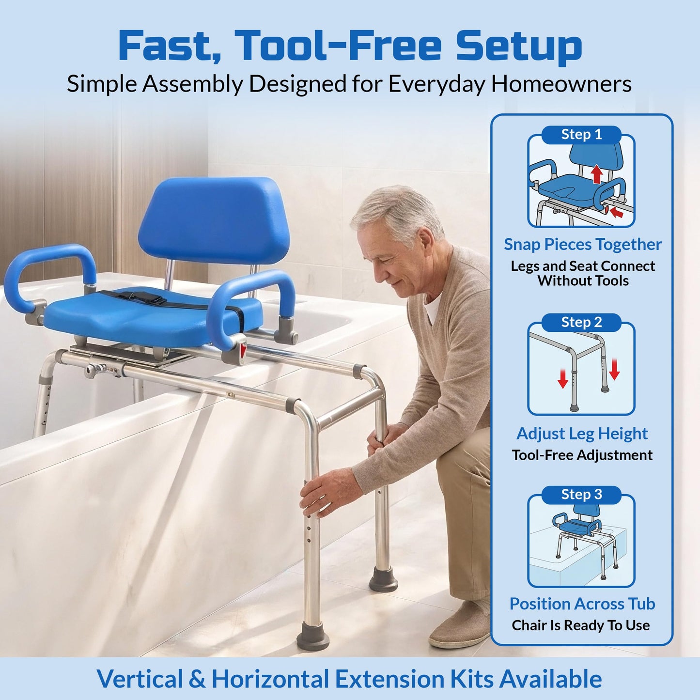 Platinum Health Carousel Sliding Shower Chair Tub Transfer Bench with Swivel Seat, Premium Padded, Pivoting Arms, Adjustable Space Saving Design for Tubs, Inside Shower, for Handicap & Seniors, Blue
