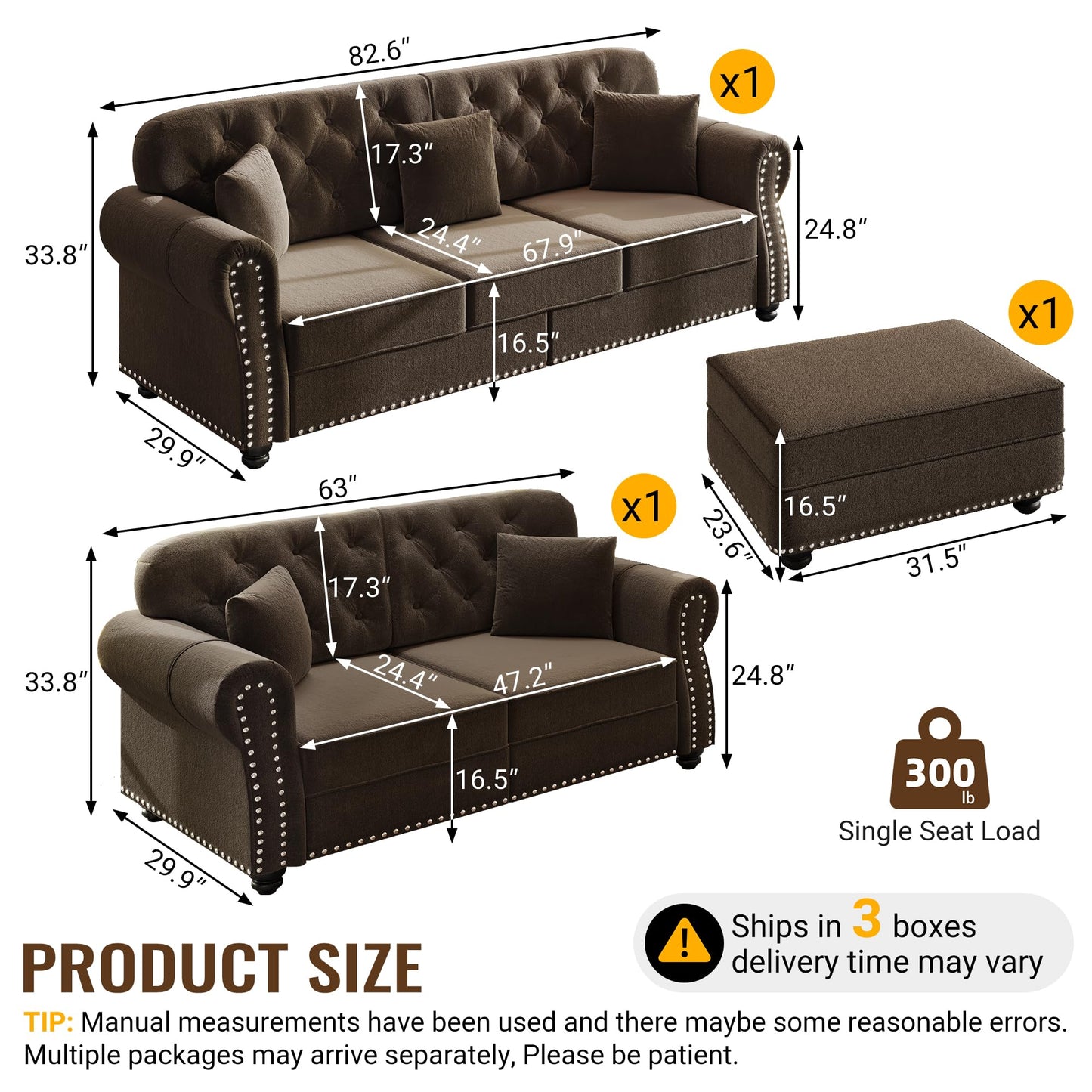 KEIKI 2-Piece Chesterfield Sofa Set with 1 Velvet 3-Seater Sofa & 1 Loveseat Sofa, Upholstered 5-Seater Couch Set with Nailhead Trim & Rolled Arms & 1 Ottoman & 5 Pillow, for Living Room, Brown