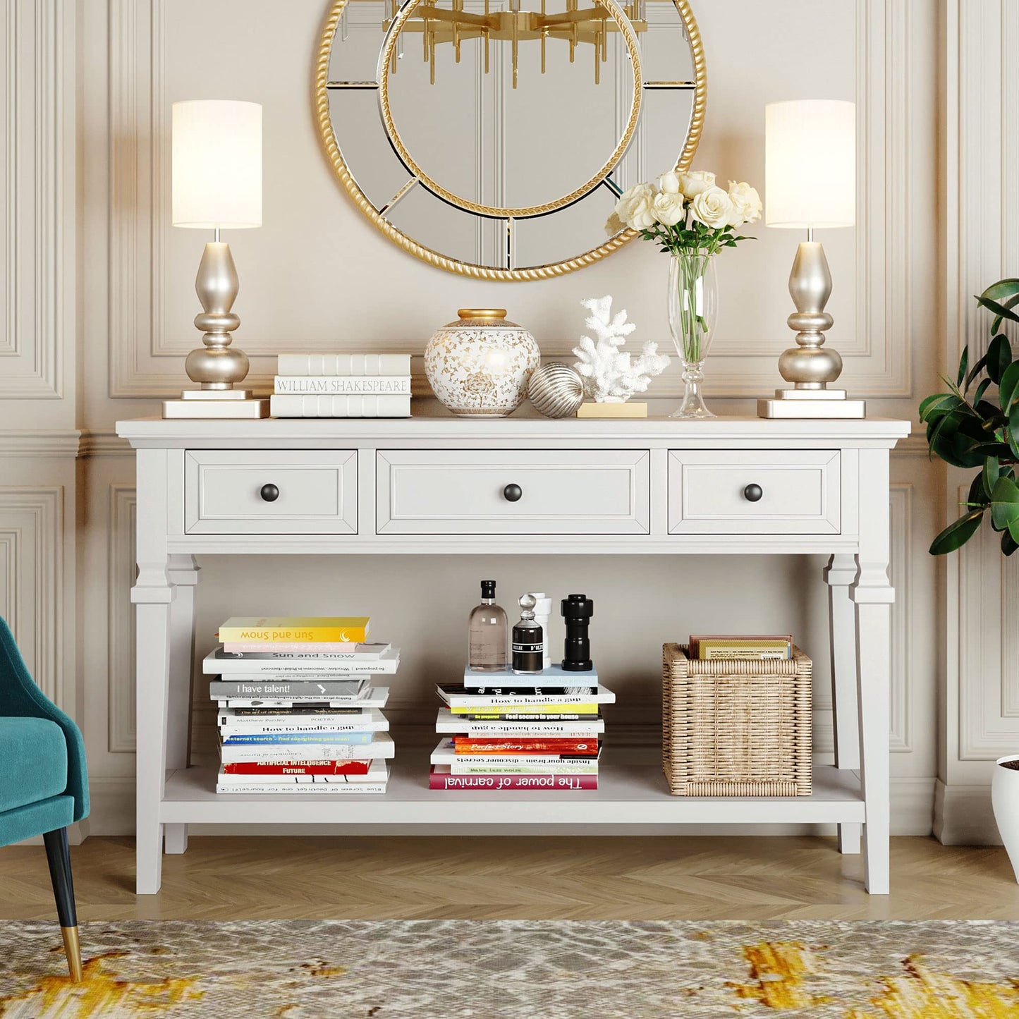 Merax Farmhouse Wood ConsoleTable for Hallways Narrow Foyer Sideboard with Drawers and Bottom Shelf for Entryway Antique White
