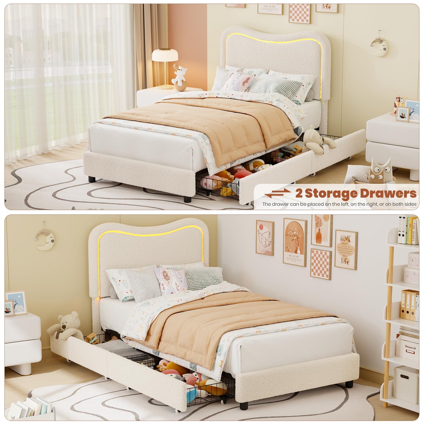 Garvee Boucle Twin Bed Frame with 2 Storage Drawers, Upholstered Platform Bed with LED Headboard, Wood Slats Support, No Box Spring Needed for Kids, Teens-Beige