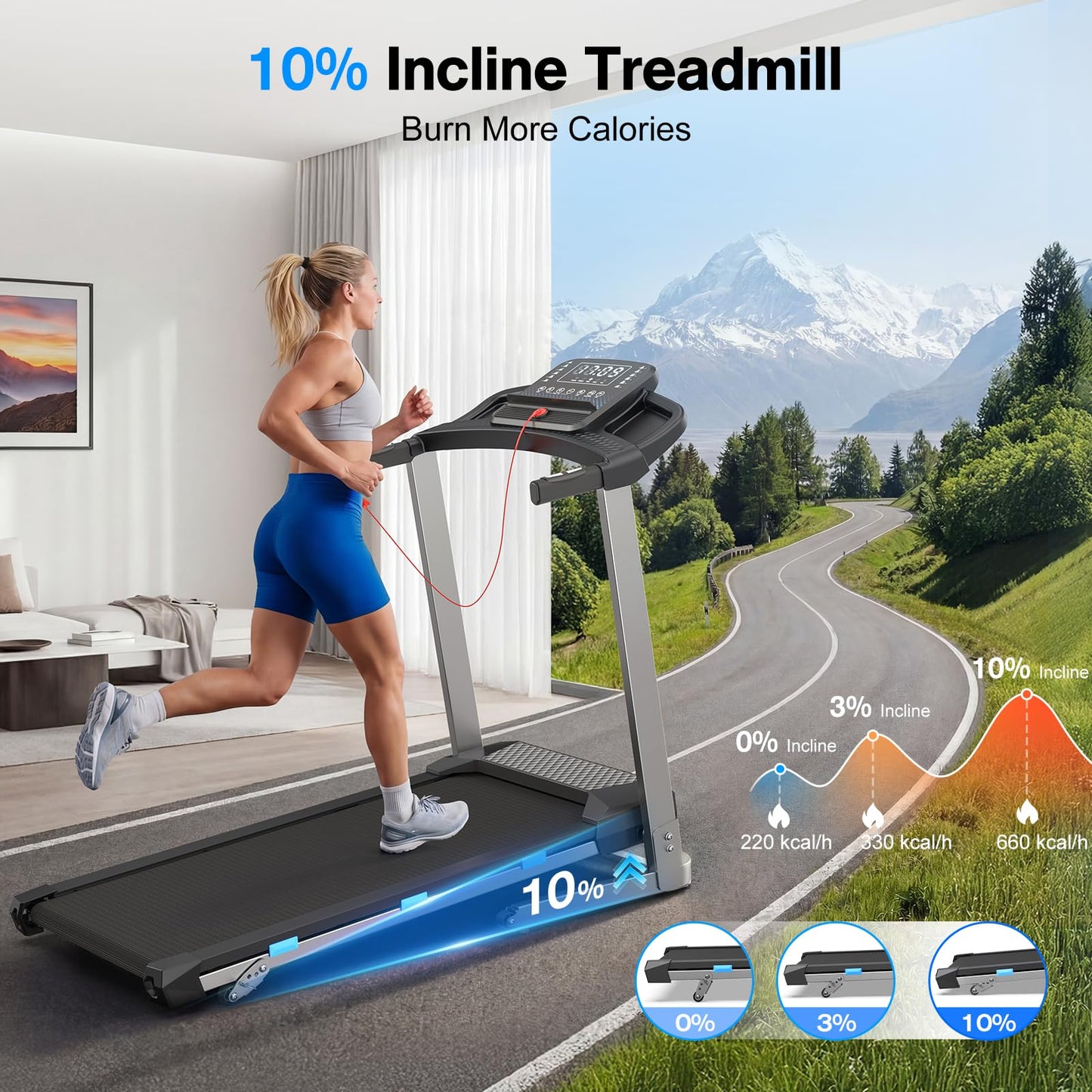 COZYINN Folding Treadmill with Incline, 3.5HP Quiet Treadmills for Home 400 lb Capacity, Running Machine with Pulse Sensor and Bluetooth Speaker, 7.6 MPH, App, Wide Belt, Space-Saving Design