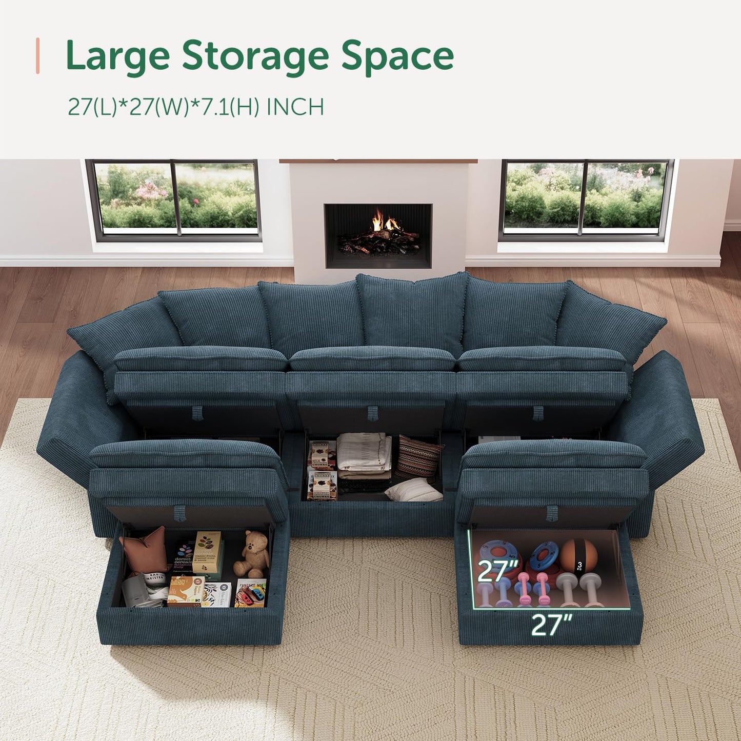 HONBAY Modular Sectional Sofa, 105.5 Inch Deep Seat U Shaped Couch with Storage & Adjustable Armrest Backrest, Blue
